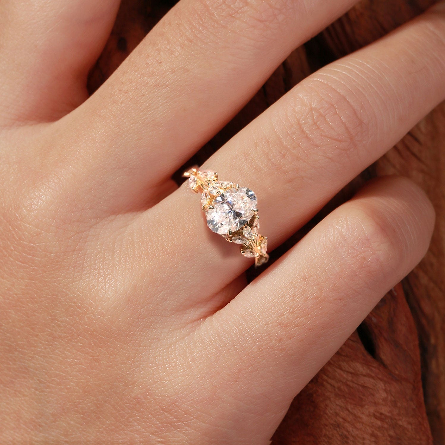 Unique floral engagement rings Oval Moissanite18K Yellow Gold Engagement Ring