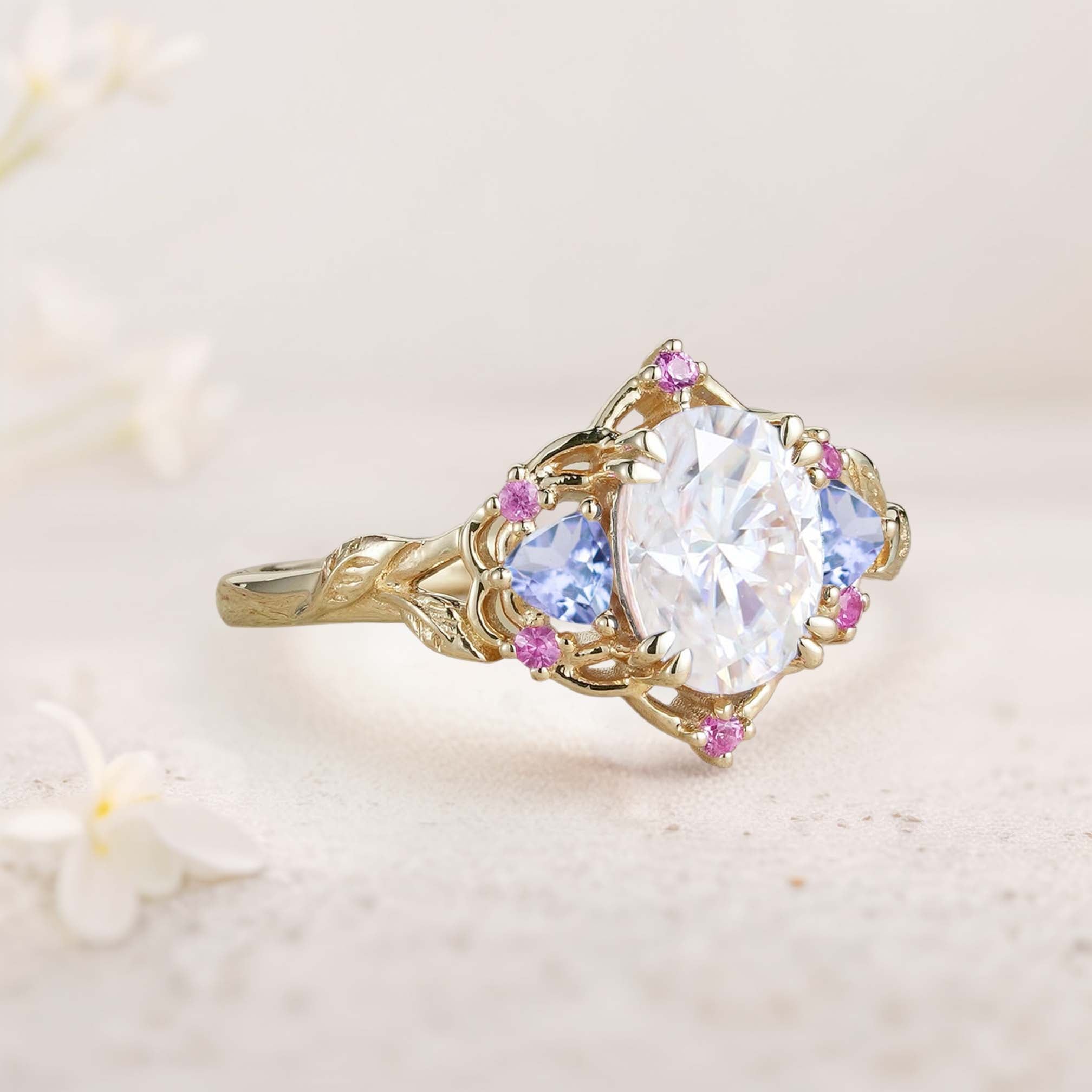 Unique Three Stone Oval Moissanite and Blue Sapphire 18K Yellow Gold Engagement Ring