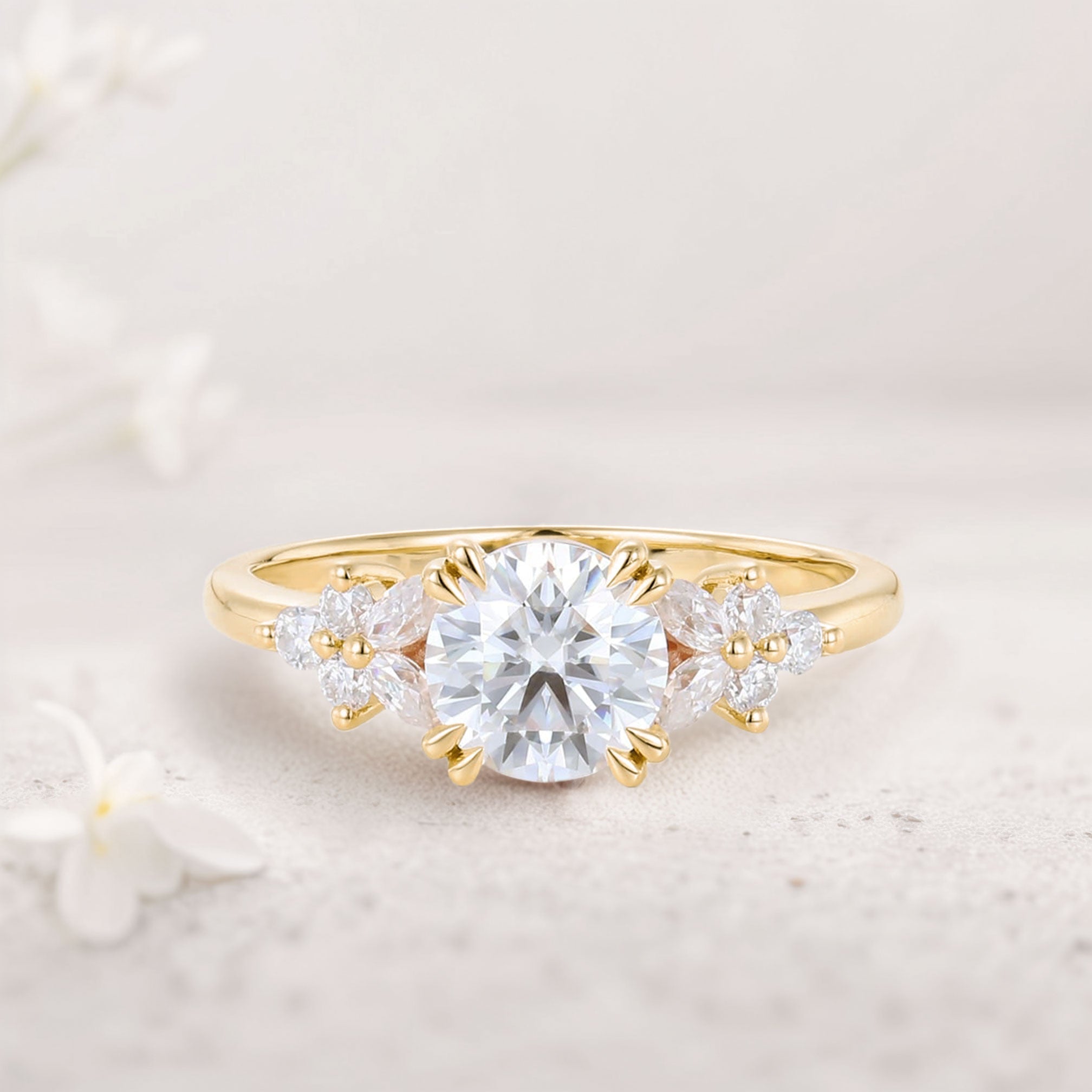 Unique Round Moissanite Floral Cluster 18K Yellow Gold Engagement Rings Double Prong Bridal Ring