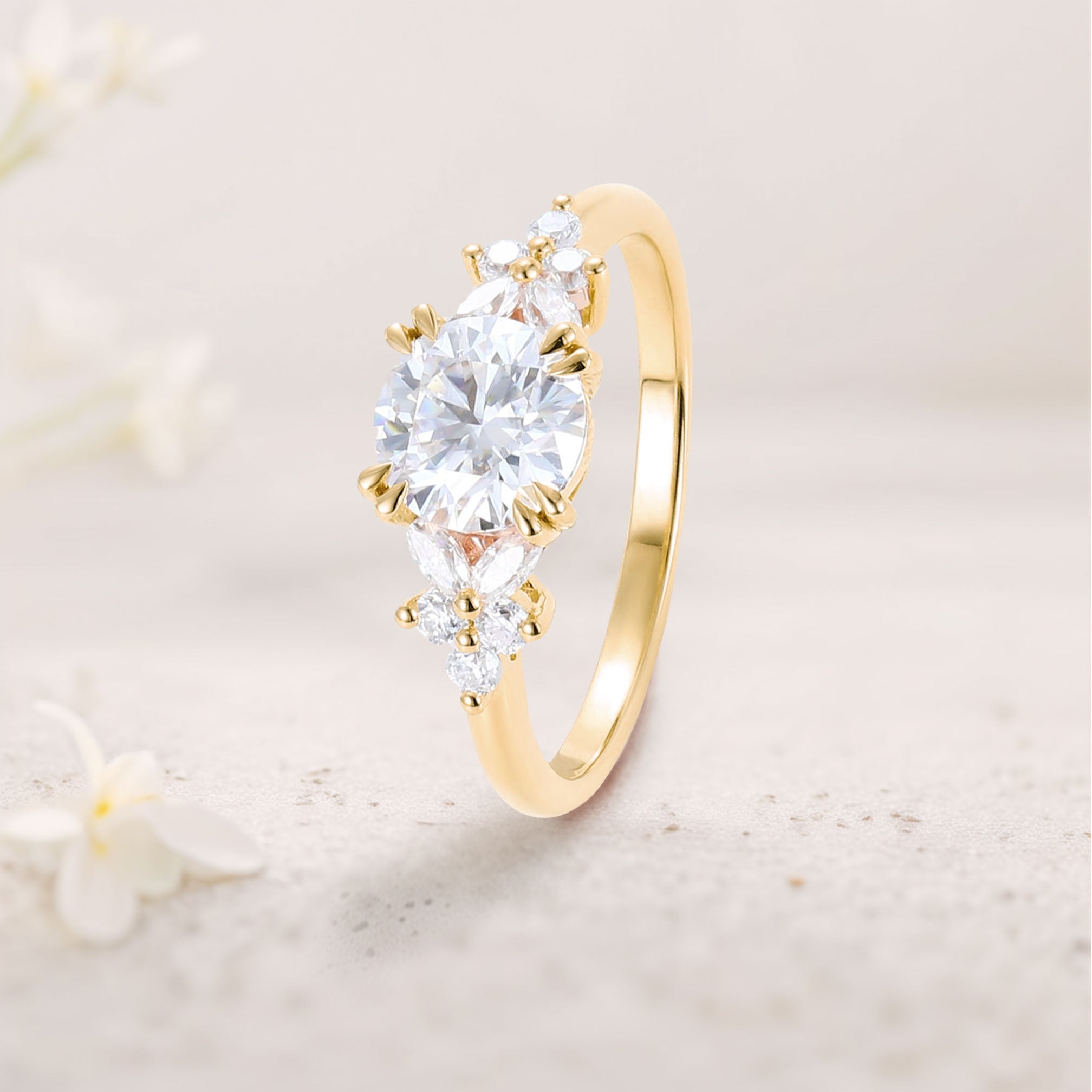 Unique Round Moissanite Floral Cluster 18K Yellow Gold Engagement Rings Double Prong Bridal Ring