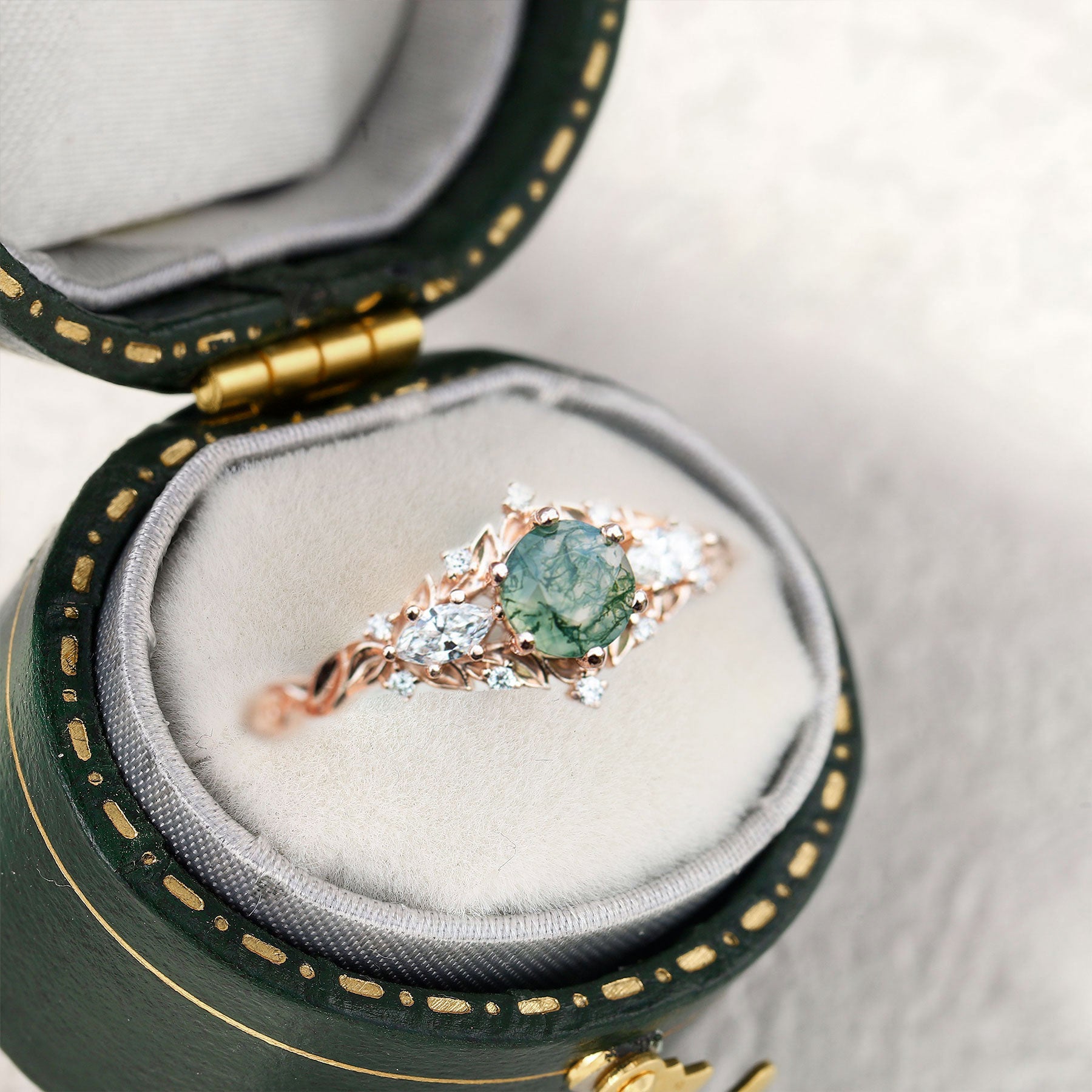 Unique Briar Rose Round Moss Agate and Moissanite 18k Yellow Gold Ring