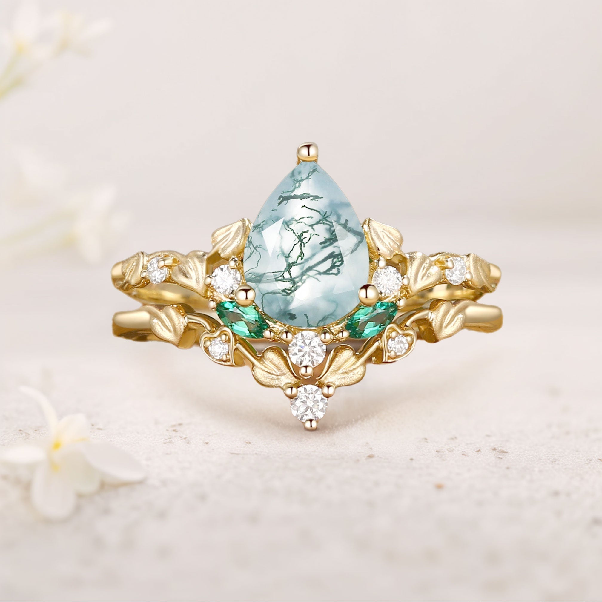 Unique floral engagement rings Leaf Pear Moss Agate 18K Yellow Gold Engagement Ring Set