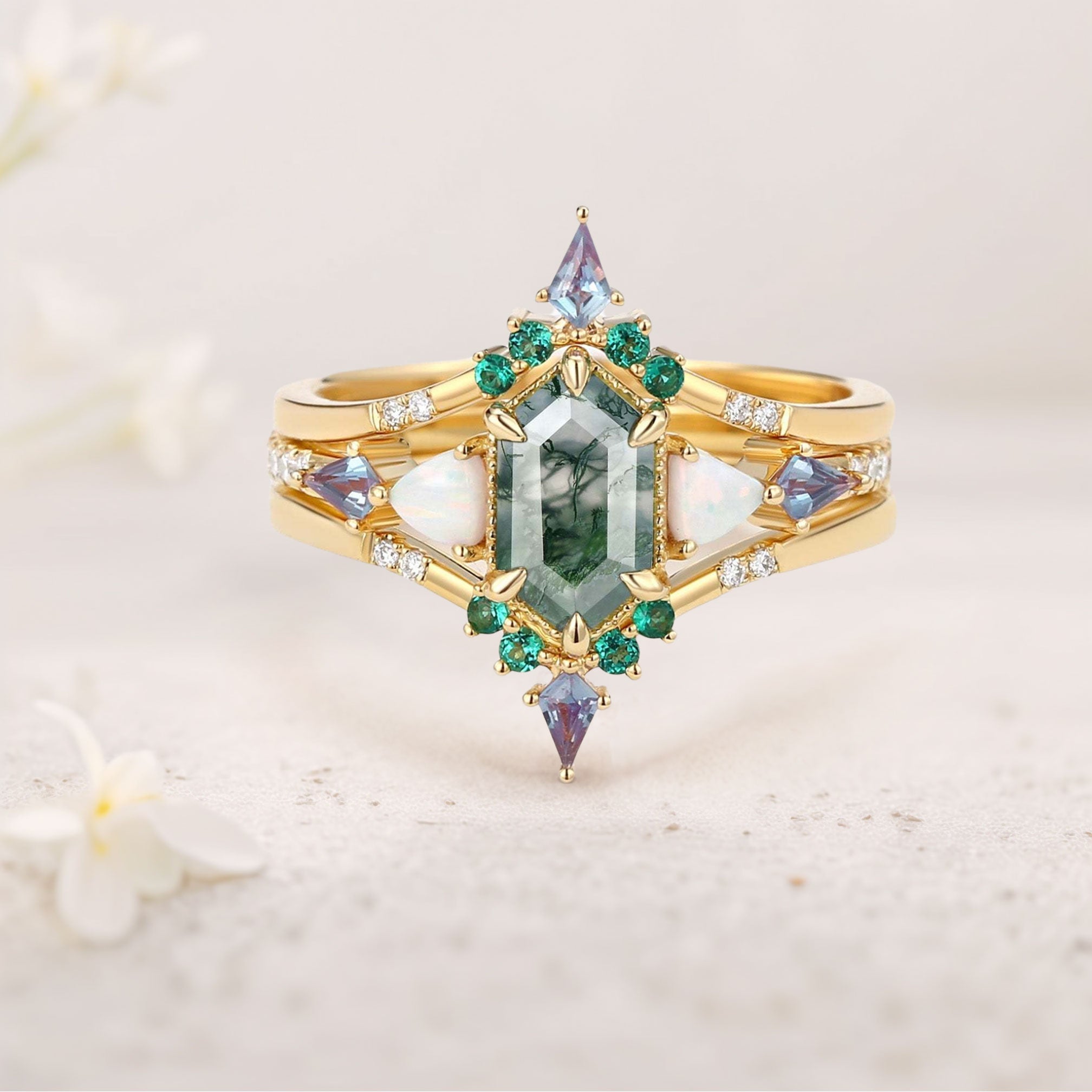 Unique floral engagement rings Long Hexagon Moss Agate 18K Yellow Gold Engagement Ring Set with Opal, Alexandrite, Emerald Accents