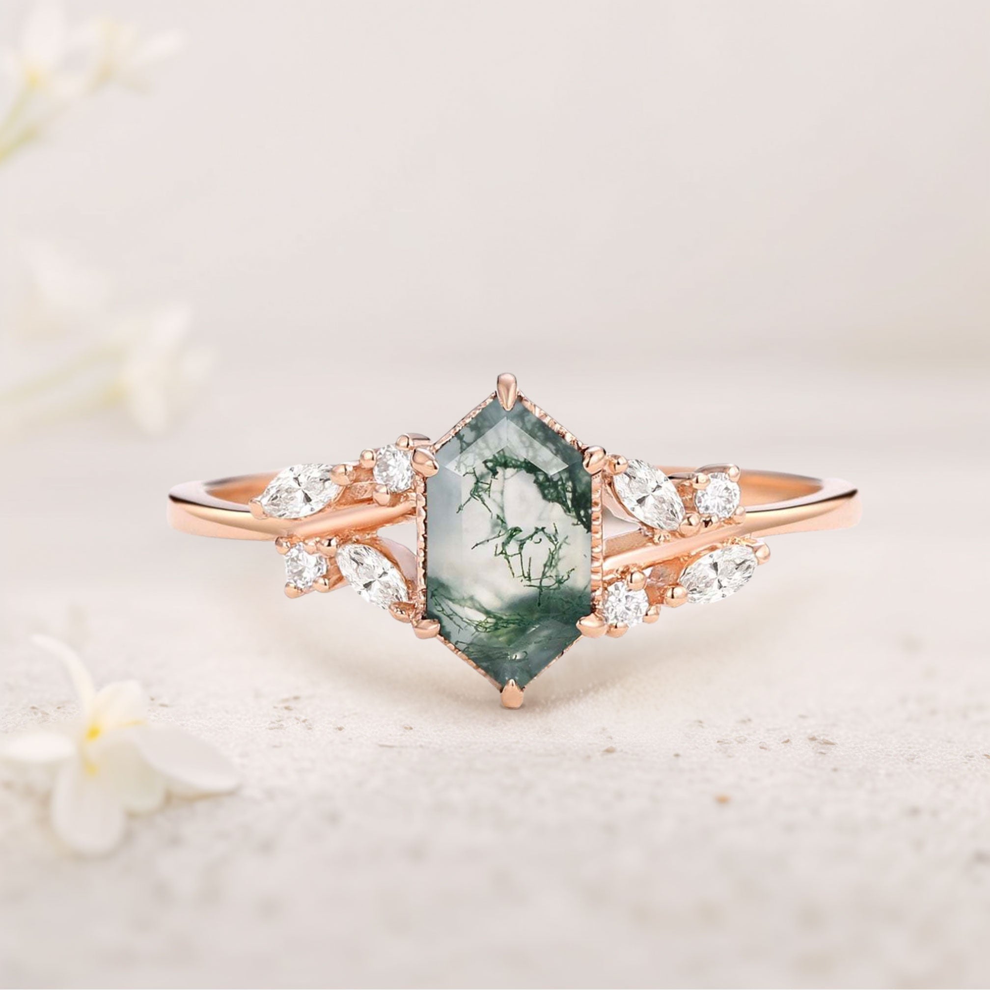 Unique floral engagement rings Hexagon Moss Agate Leafy Moissanite 18K Yellow Gold Vintage Engagement Ring