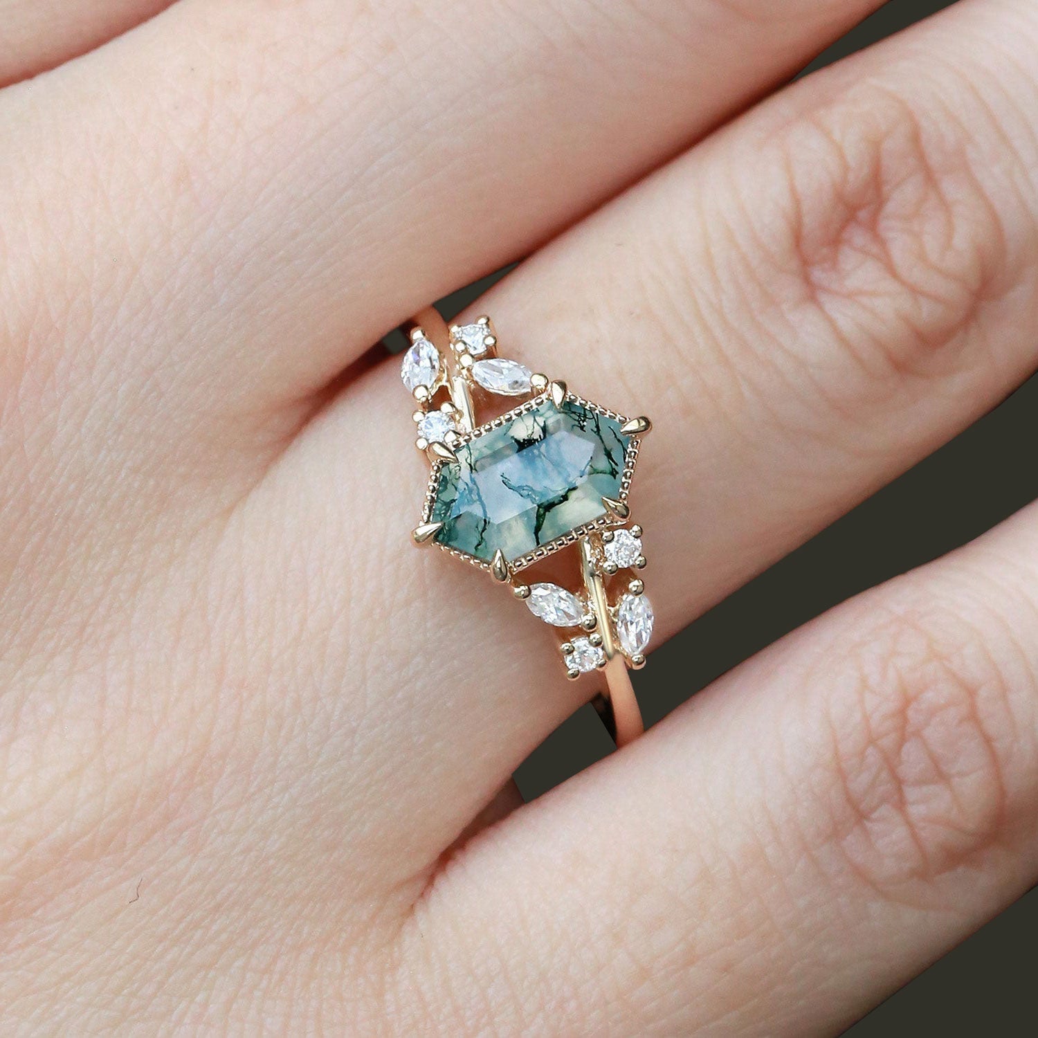 Unique floral engagement rings Hexagon Moss Agate Leafy Moissanite 18K Yellow Gold Vintage Engagement Ring