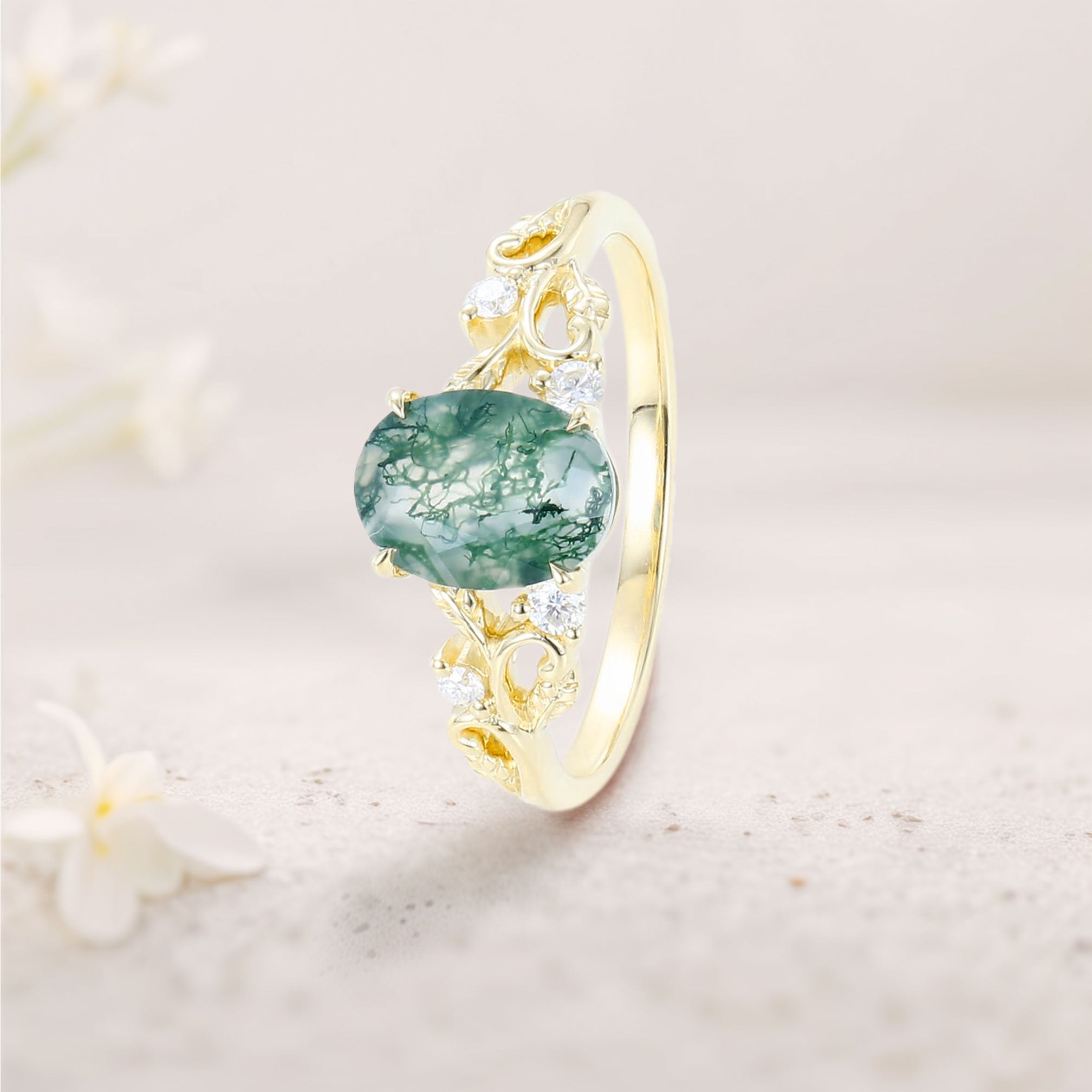 Unique floral engagement rings Oval Moss Agate Claw 18K Yellow Gold Engagement Ring Ornate Green Bridal Ring
