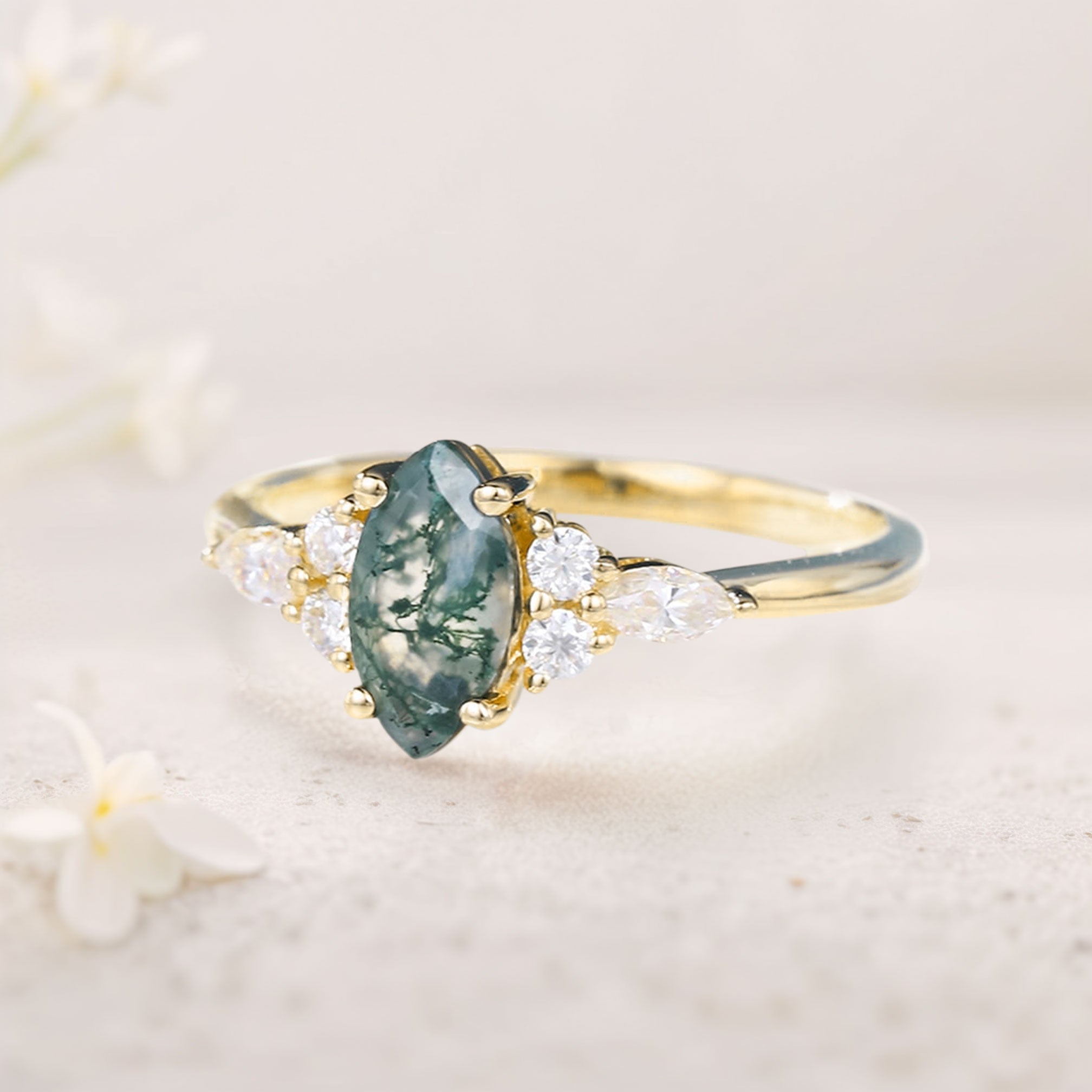 Unique Marquise Moss Agate Simple 18K Yellow Gold Engagement Ring