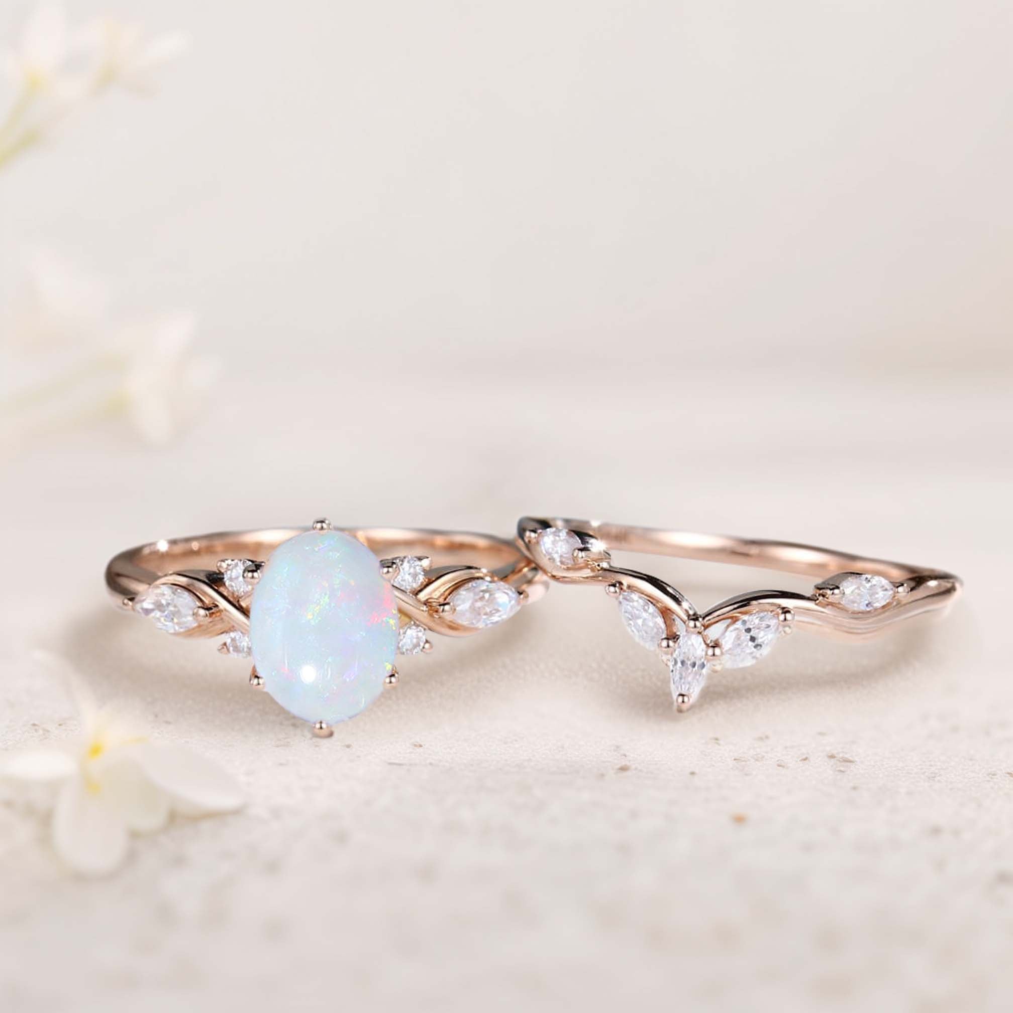 Vintage Oval Lab Opal and Moissanite Curved 18K Rose Gold Wedding Ring Set Bridal Ring Set