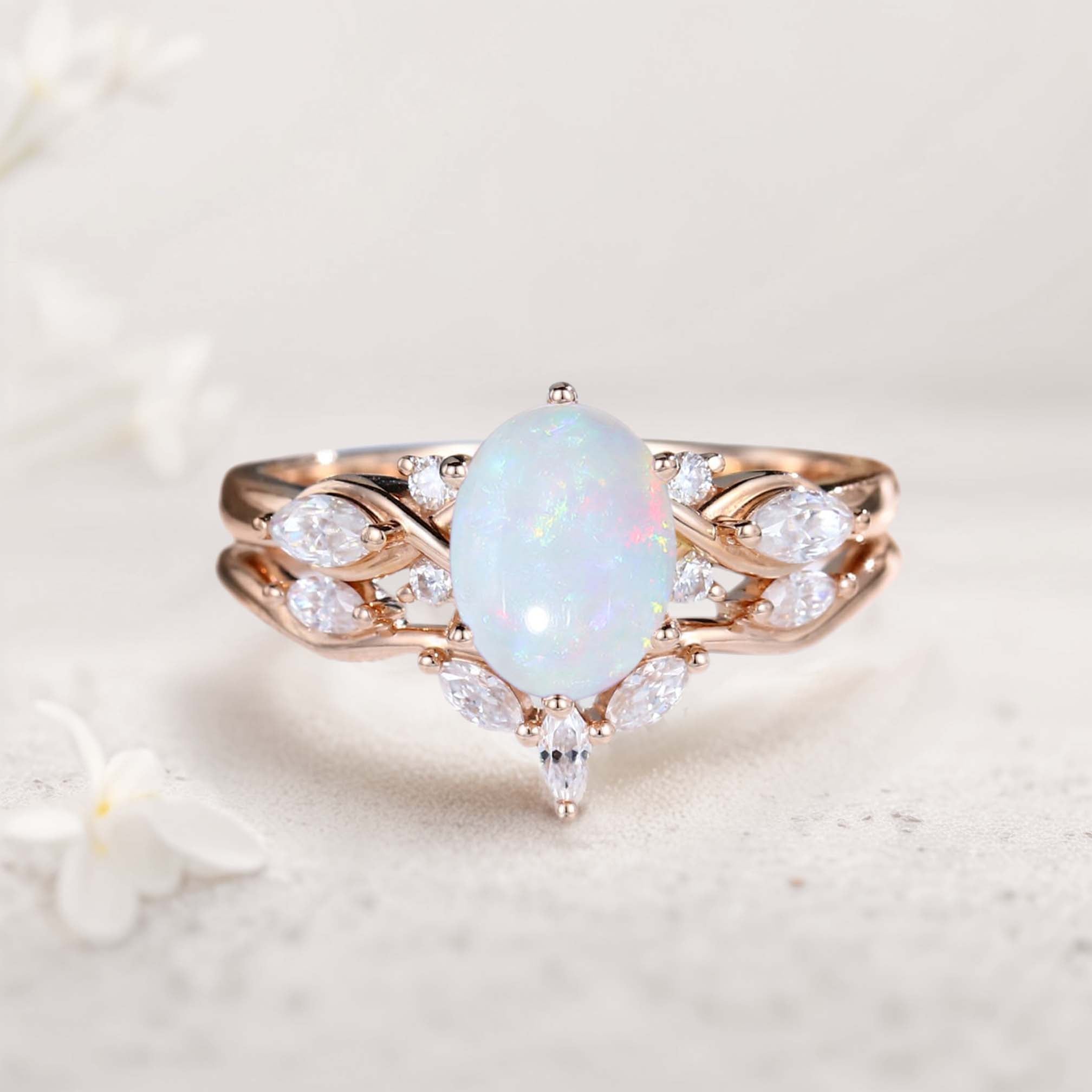 Vintage Oval Lab Opal and Moissanite Curved 18K Rose Gold Wedding Ring Set Bridal Ring Set