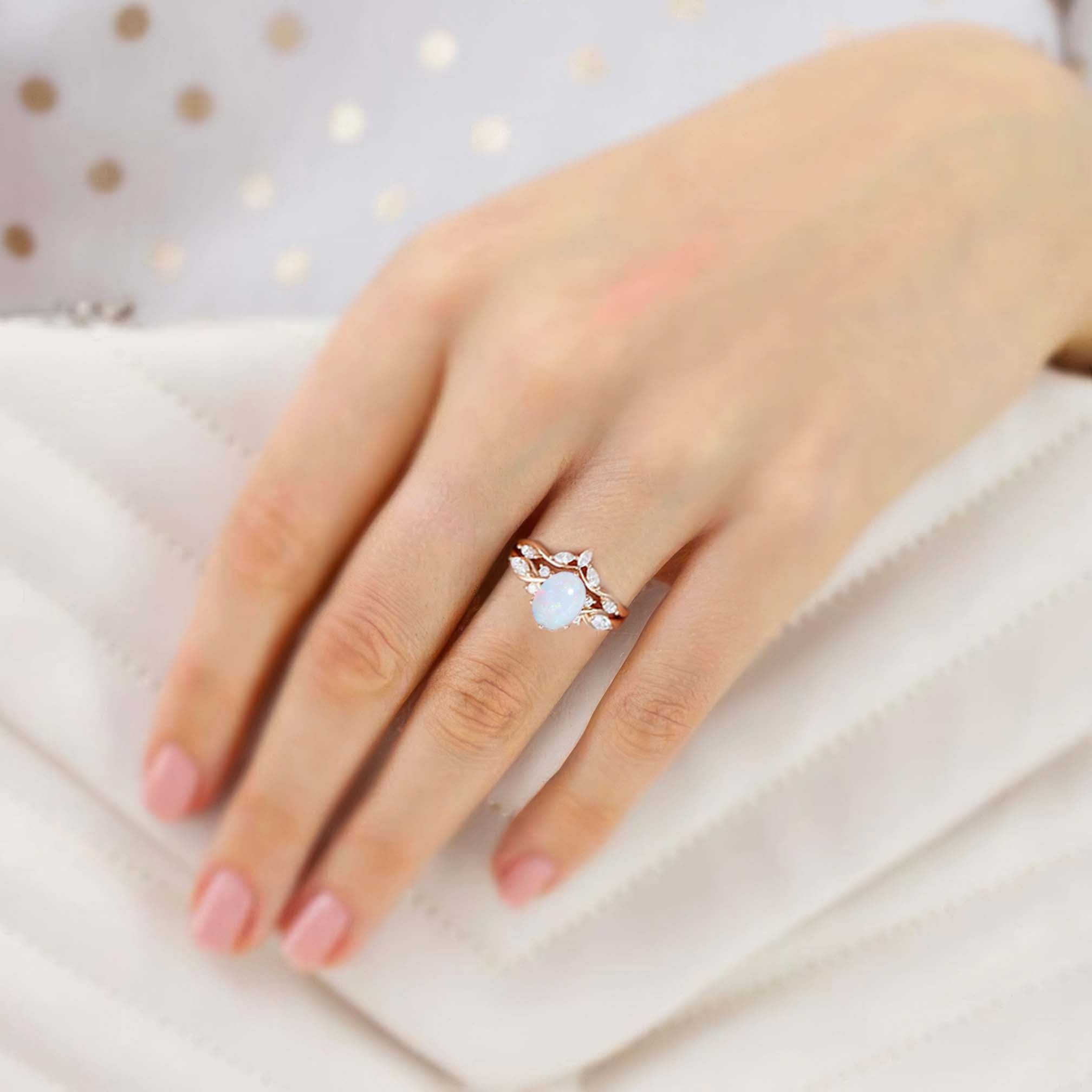 Vintage Oval Lab Opal and Moissanite Curved 18K Rose Gold Wedding Ring Set Bridal Ring Set