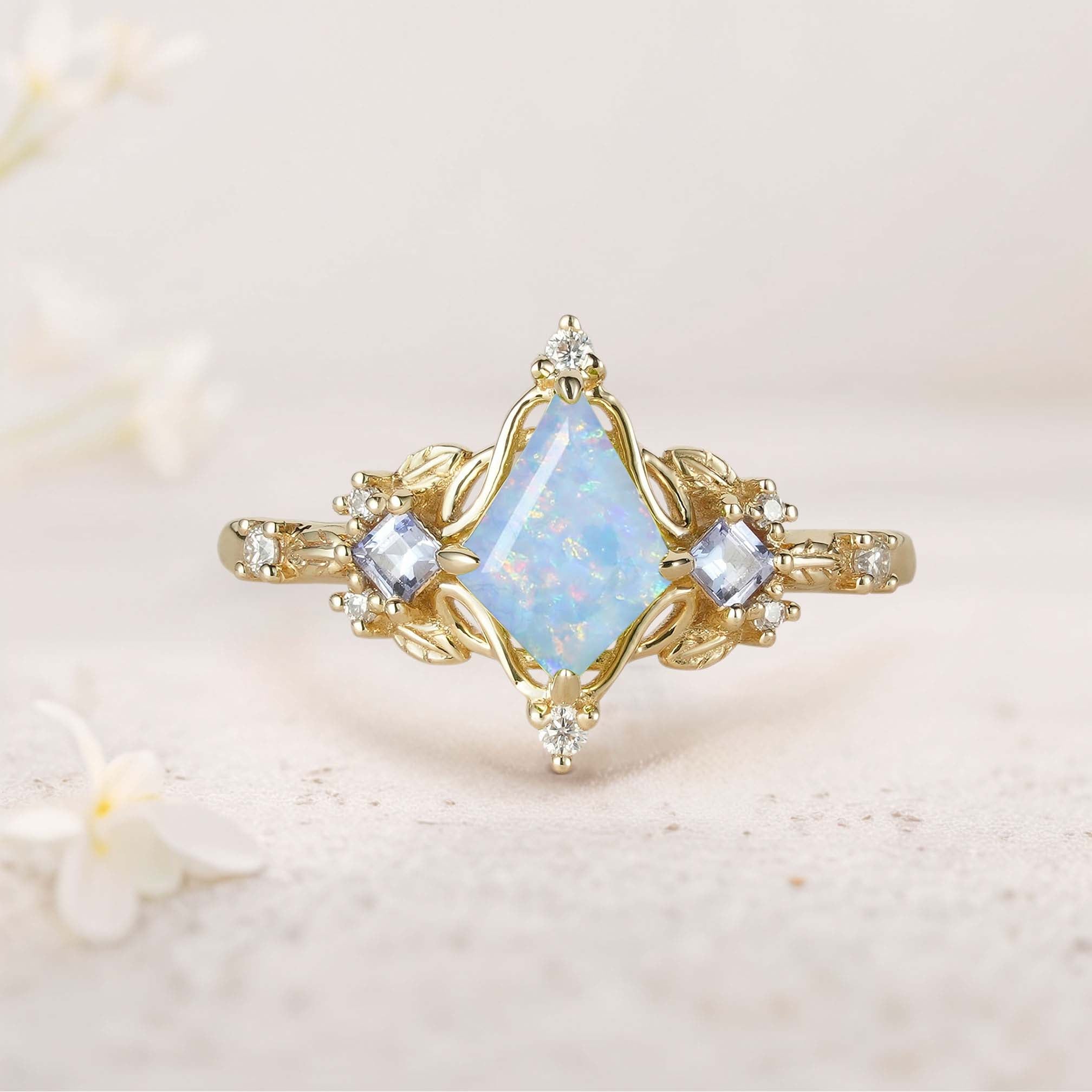 Unique Kite Three Stone Lab Opal 18K Yellow Gold Leaf Ring