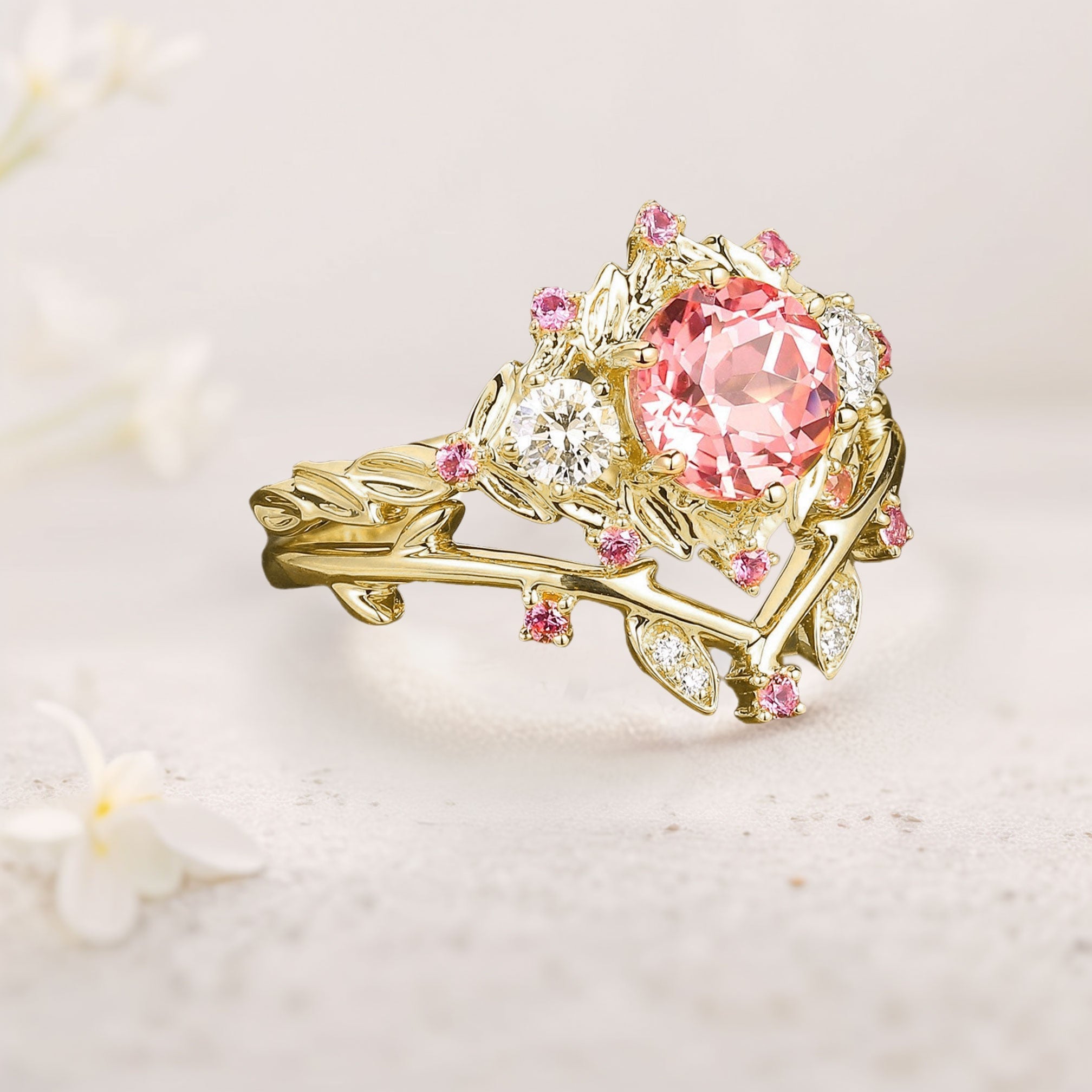 Unique floral engagement rings Round Lab Padparadscha Twig Engagement Ring Set Dainty Leaf 18K Yellow Gold Wedding Ring Set