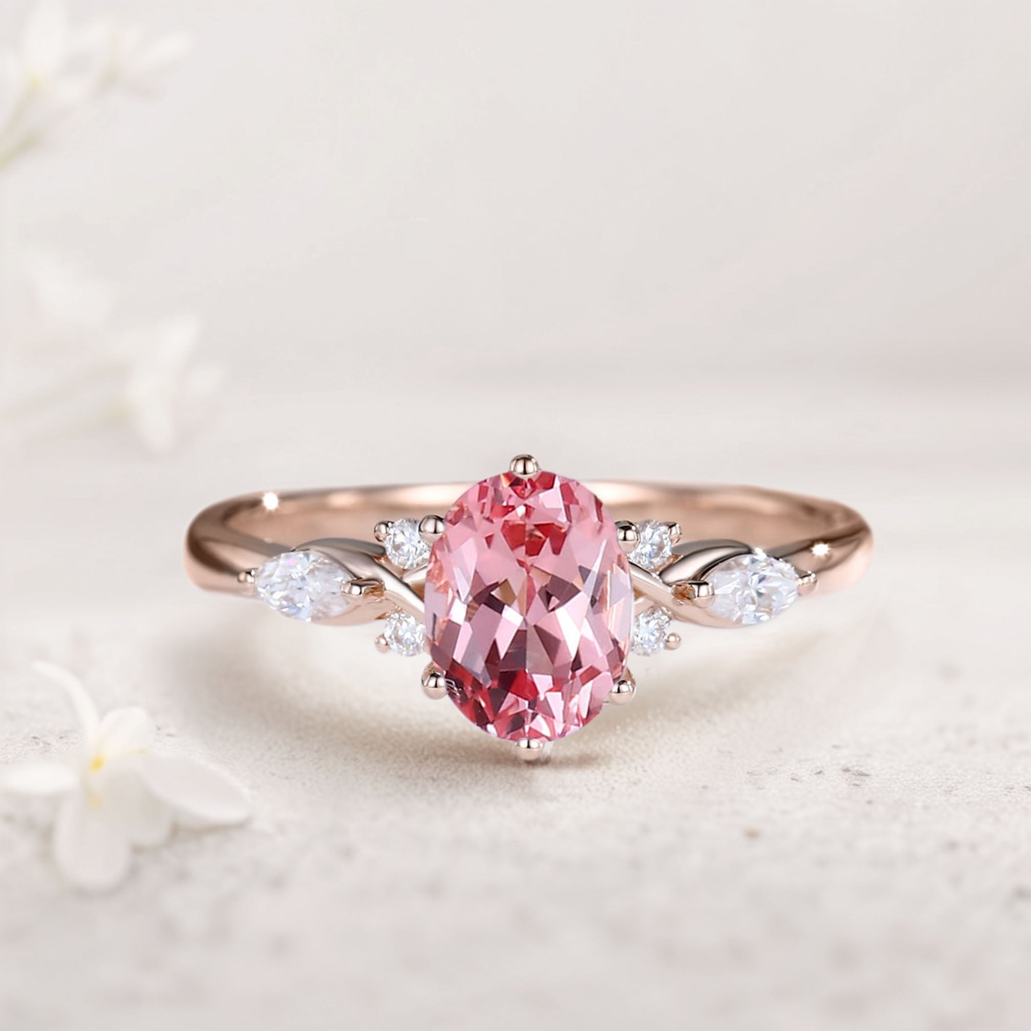 Vintage Oval Lab Padparadscha and Moissanite 18K Rose Gold Engagement Ring