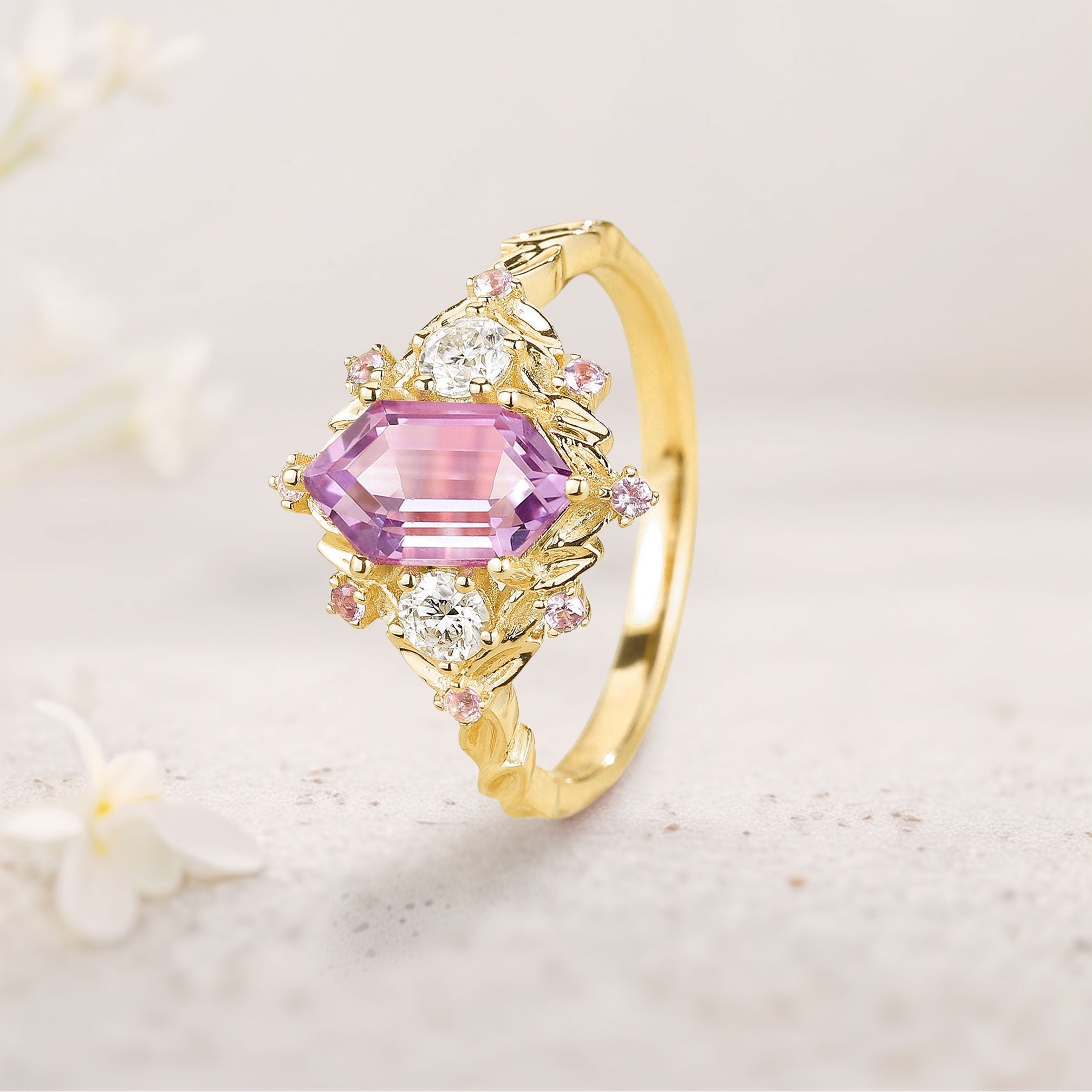 Unique Long Hexagon Pink Lab Sapphire Cluster 18K Yellow Gold Wedding Ring Promise Ring For Women