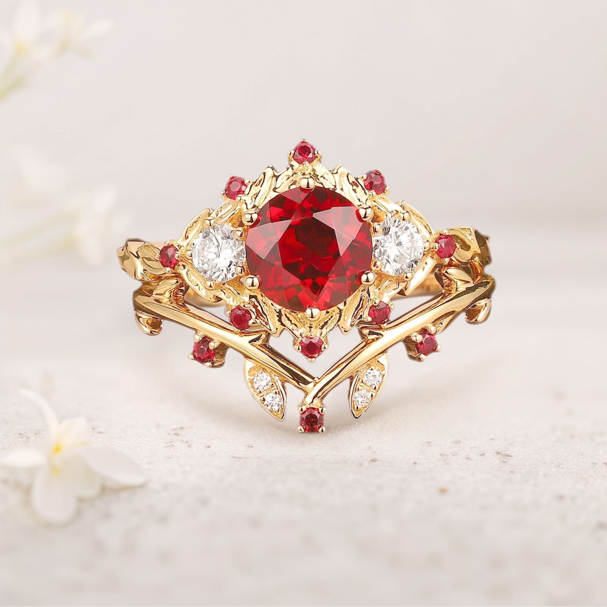 Vintage floral engagement rings Round Lab Ruby Bridal Promise Ring Set Ruby Leaf 18K Yellow Gold Engagement Ring Set