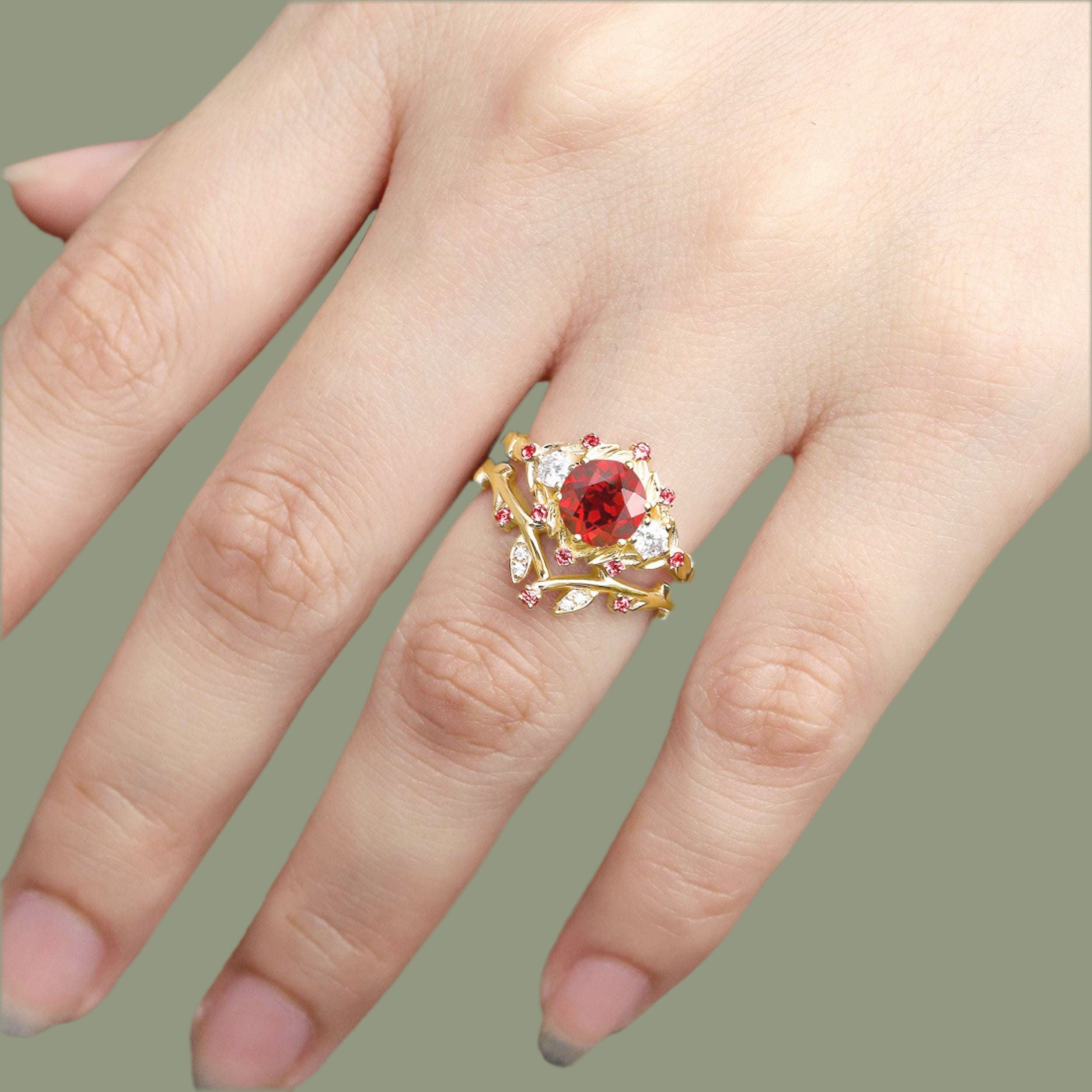 Vintage floral engagement rings Round Lab Ruby Bridal Promise Ring Set Ruby Leaf 18K Yellow Gold Engagement Ring Set