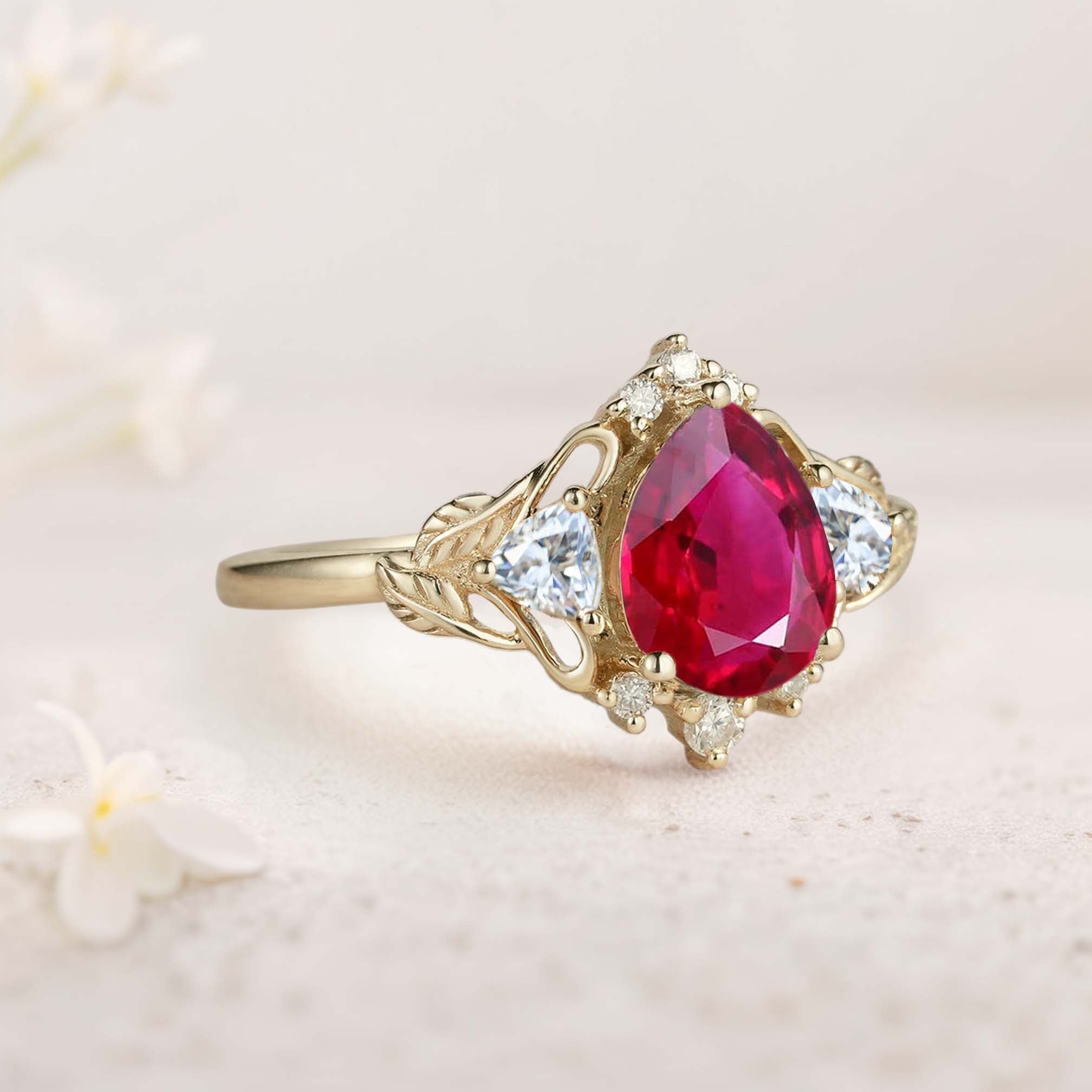 Unique Pear Lab Ruby and Moissanite side stones Leaf Ring 18K Yellow Gold Engagement Ring