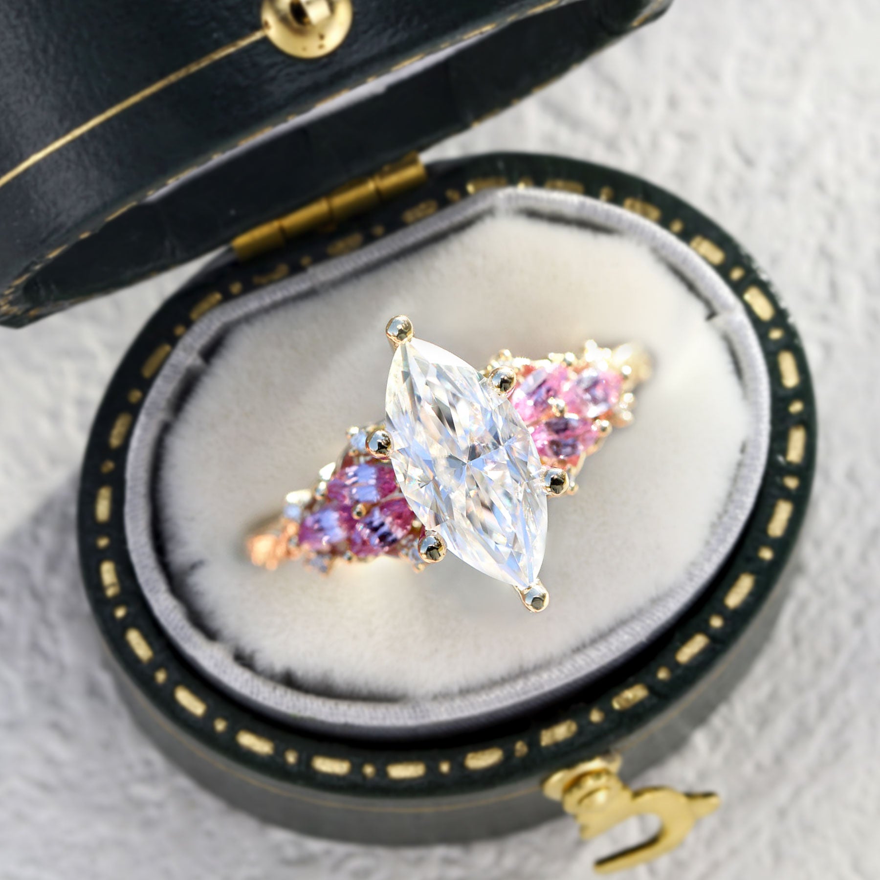 Unique Enchanted Garden Marquise Moissanite and Pink Sapphire 18K Yellow Gold Ring
