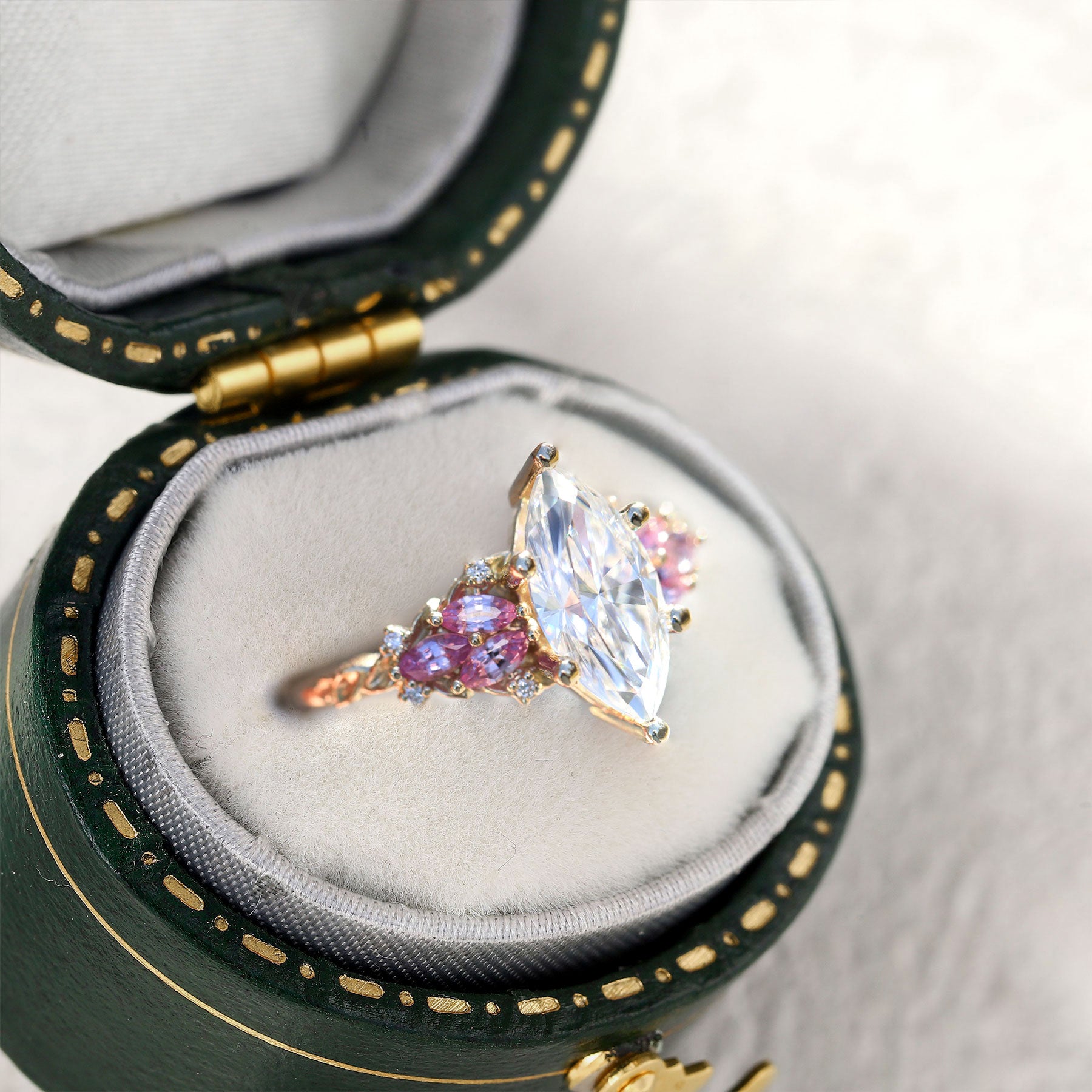 Unique Enchanted Garden Marquise Moissanite and Pink Sapphire 18K Yellow Gold Ring