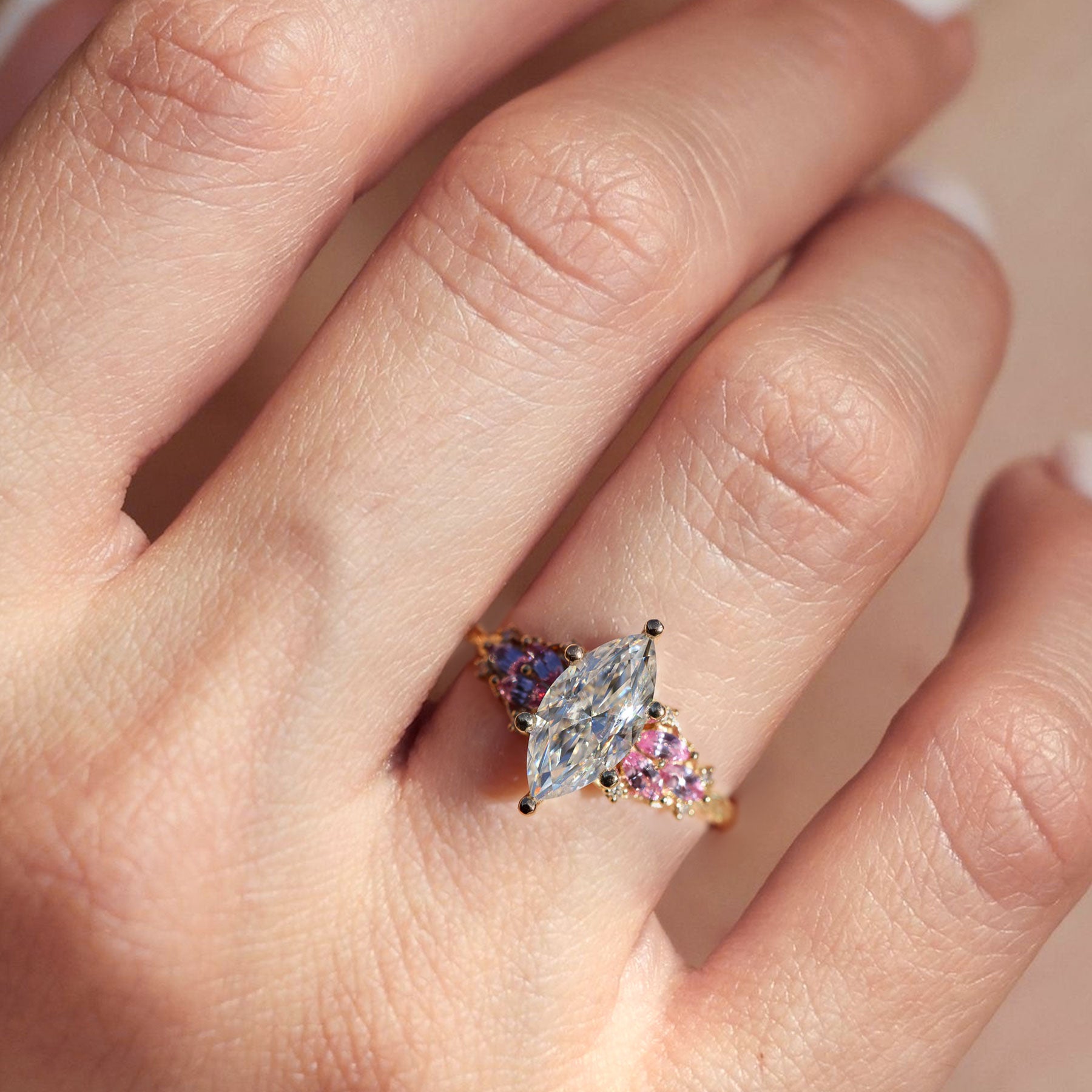 Unique Enchanted Garden Marquise Moissanite and Pink Sapphire 18K Yellow Gold Ring
