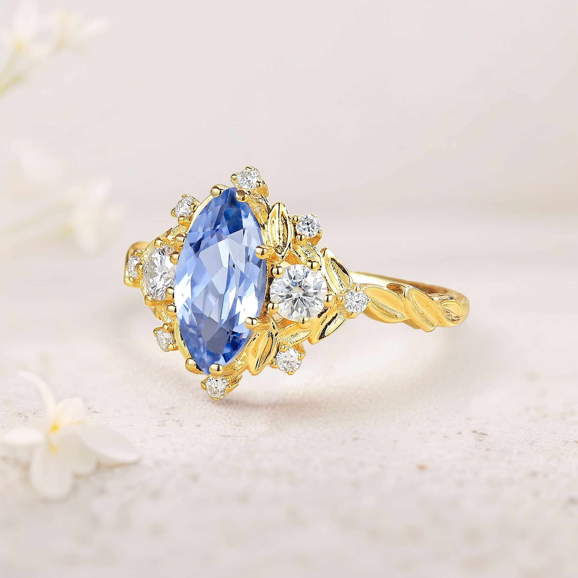 Unique floral engagement rings Marquise Lab Sapphire 18K Yellow Gold Engagement Ring Moissanite Cluster Promise Ring