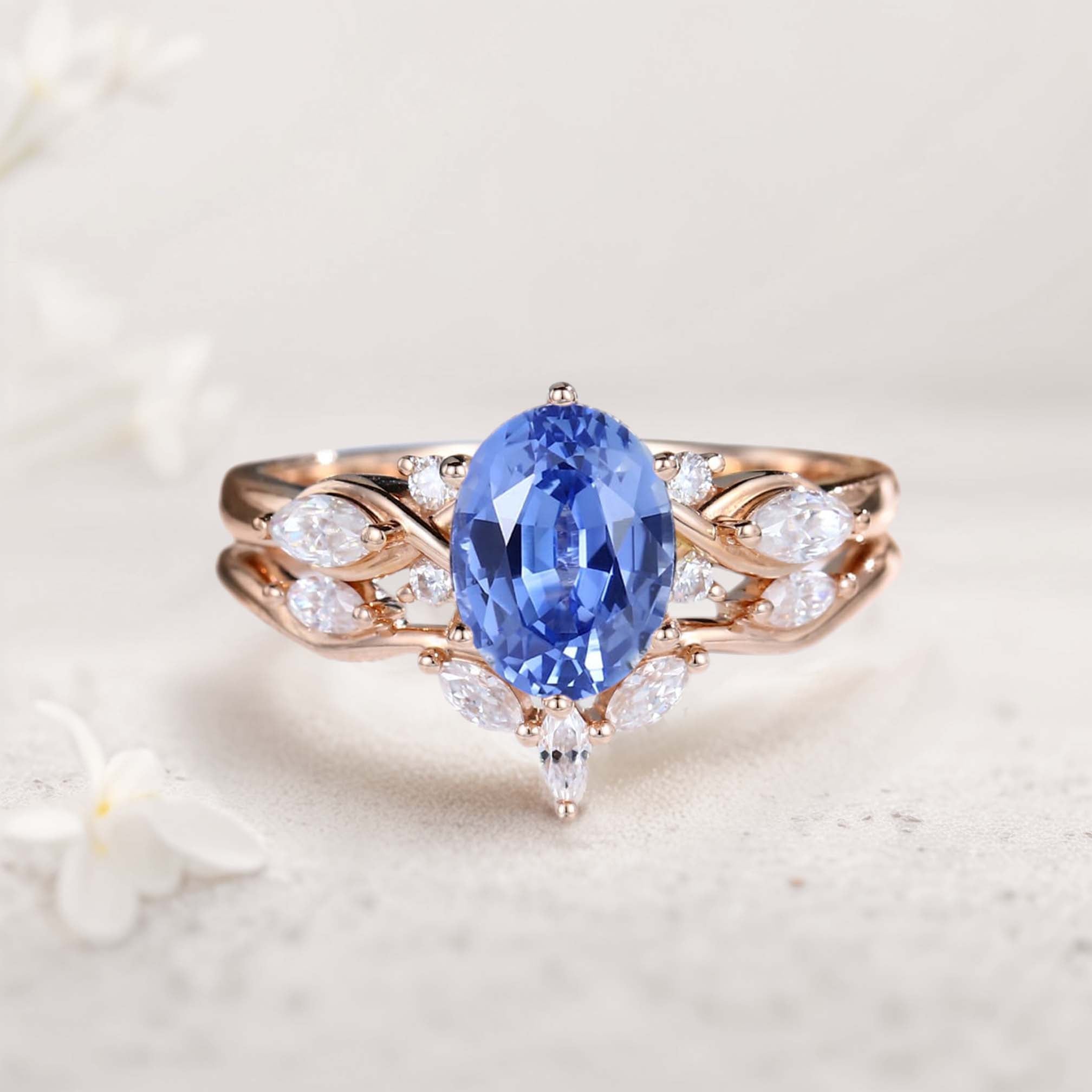 Vintage Oval Lab Sapphire and Moissanite Curved 18K Rose Gold Wedding Ring Set Bridal Ring Set