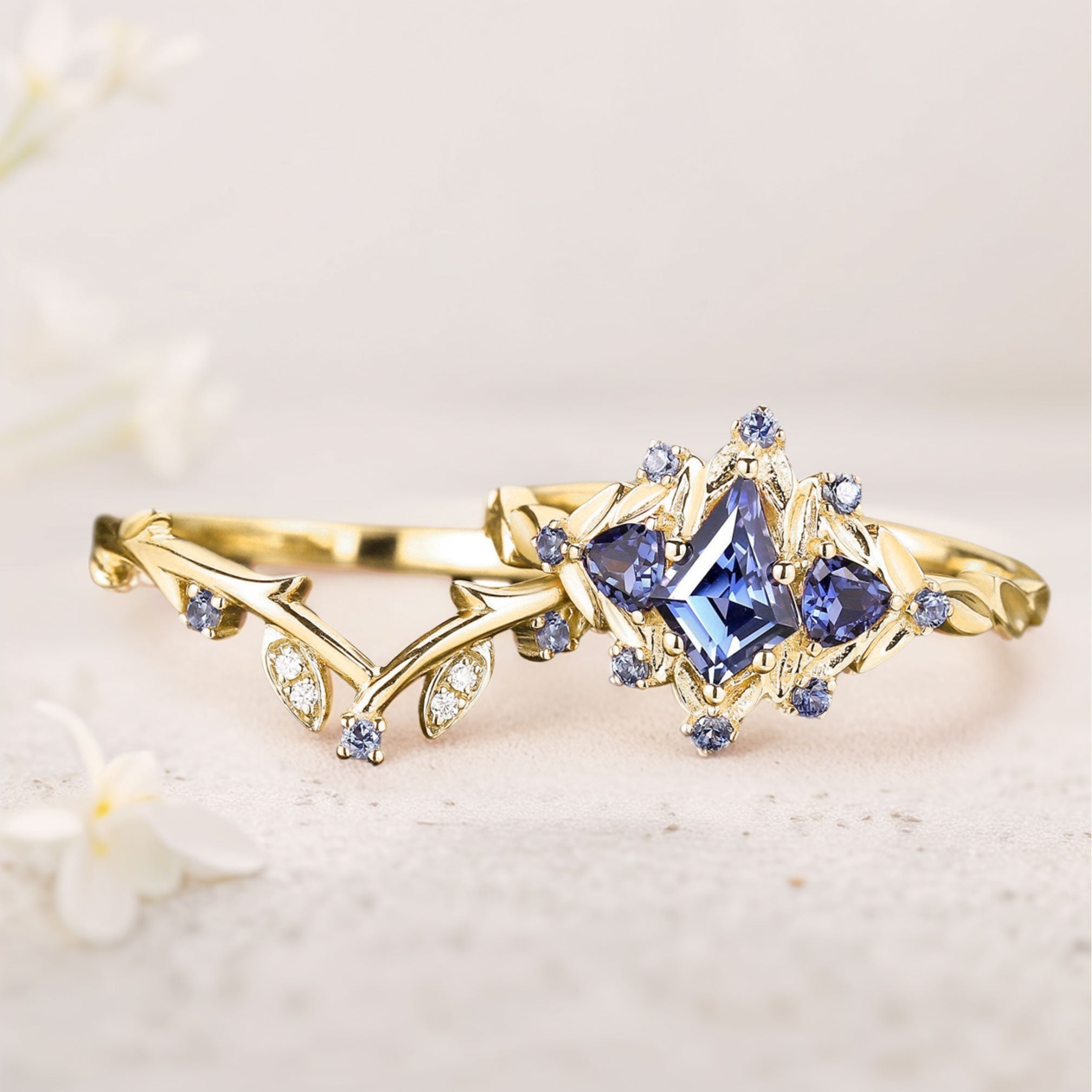 Unique floral engagement rings Kite Lab Sapphire Engagement Ring Set Sapphire Cluster Ring Leaf Floral 18K Yellow Gold Wedding Ring Set