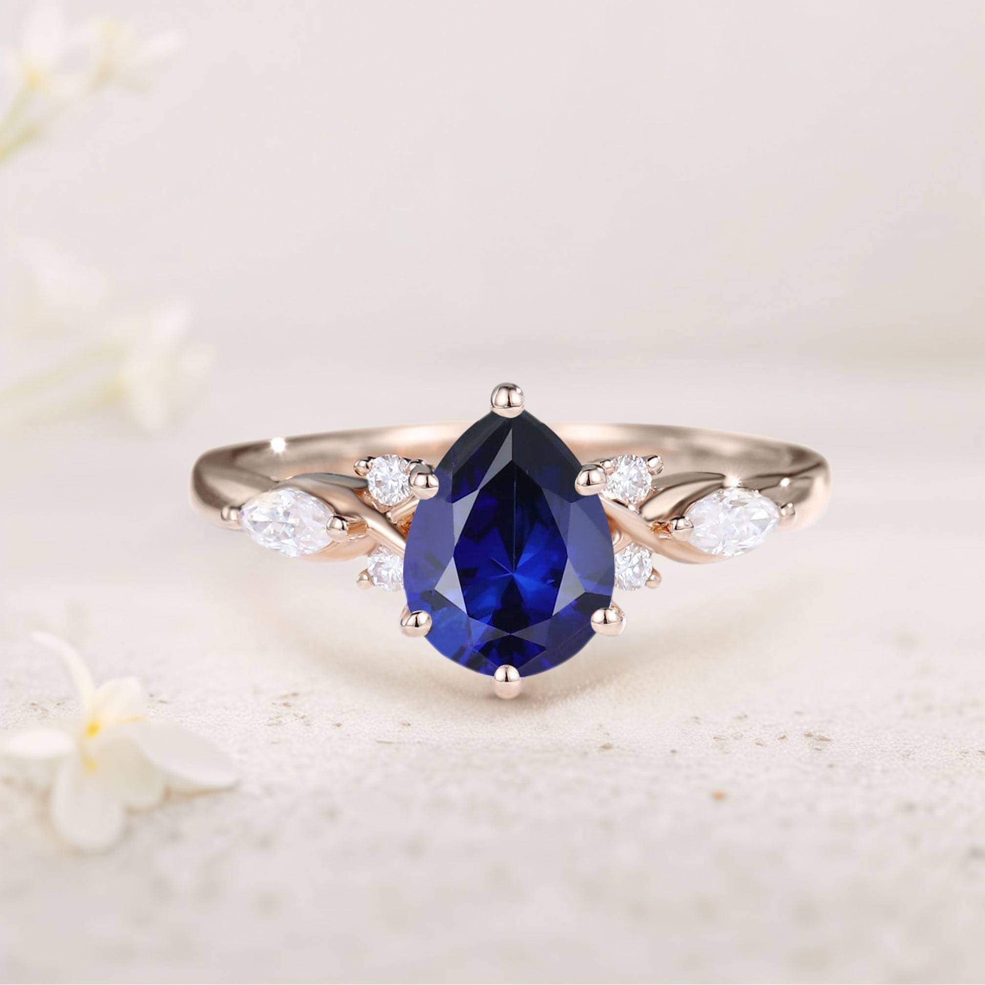 Vintage Pear Lab Sapphire 18K Rose Gold Engagement Ring