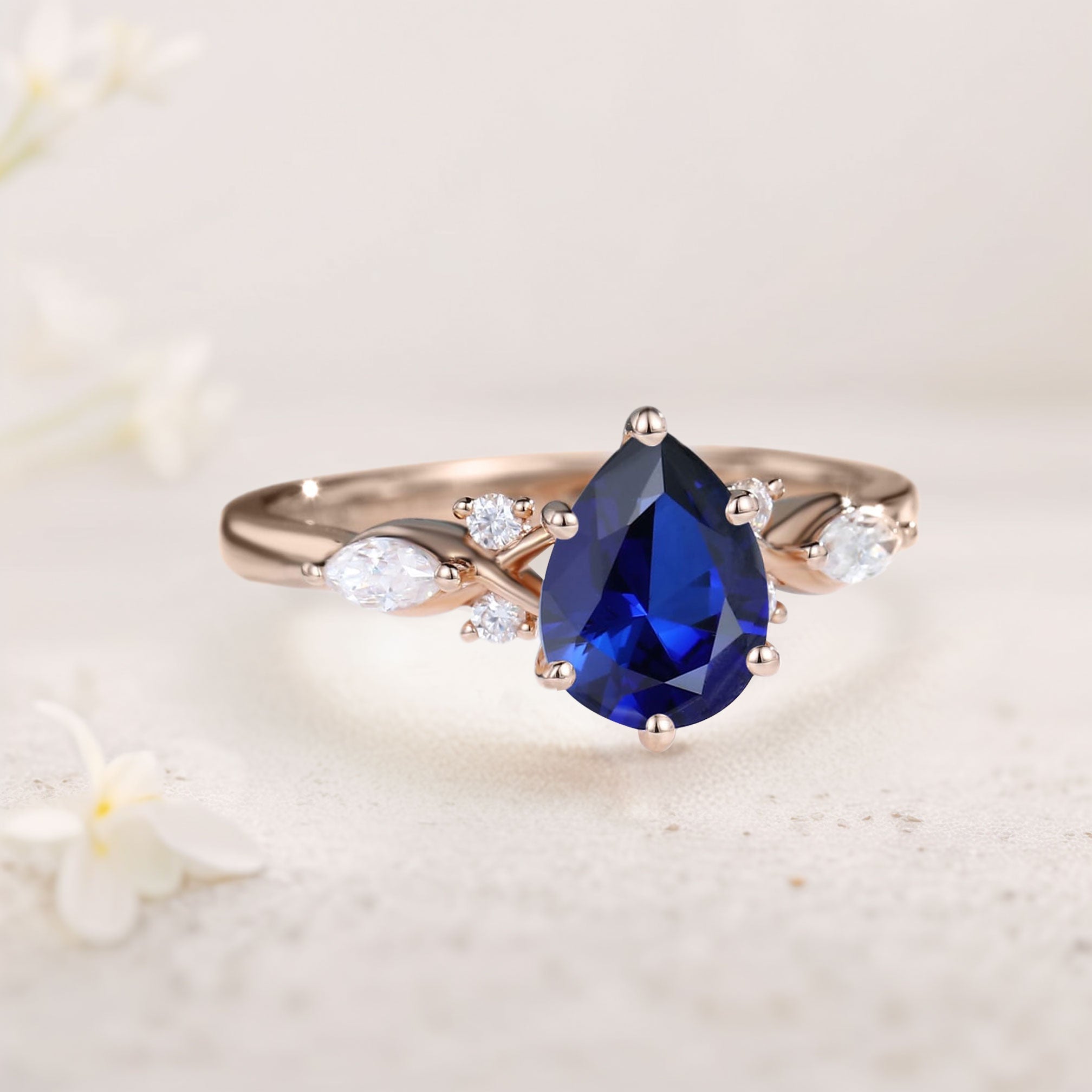 Vintage Pear Lab Sapphire 18K Rose Gold Engagement Ring