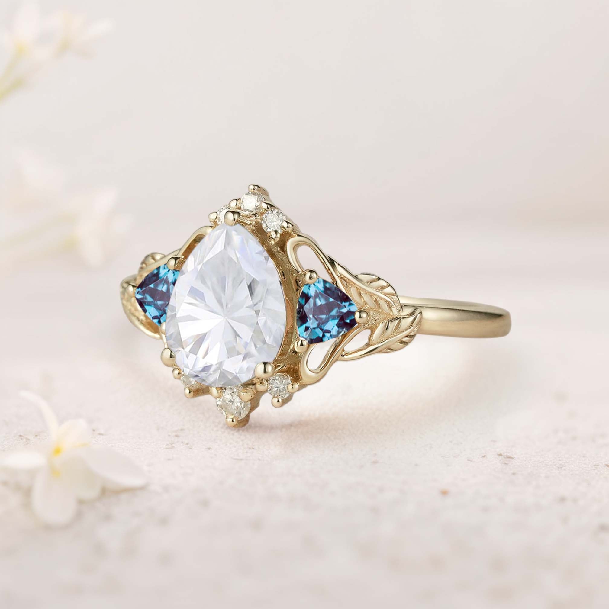 Unique Pear Moissanite and Lab Alexandrite Leaf Ring 18K Yellow Gold Engagement Ring