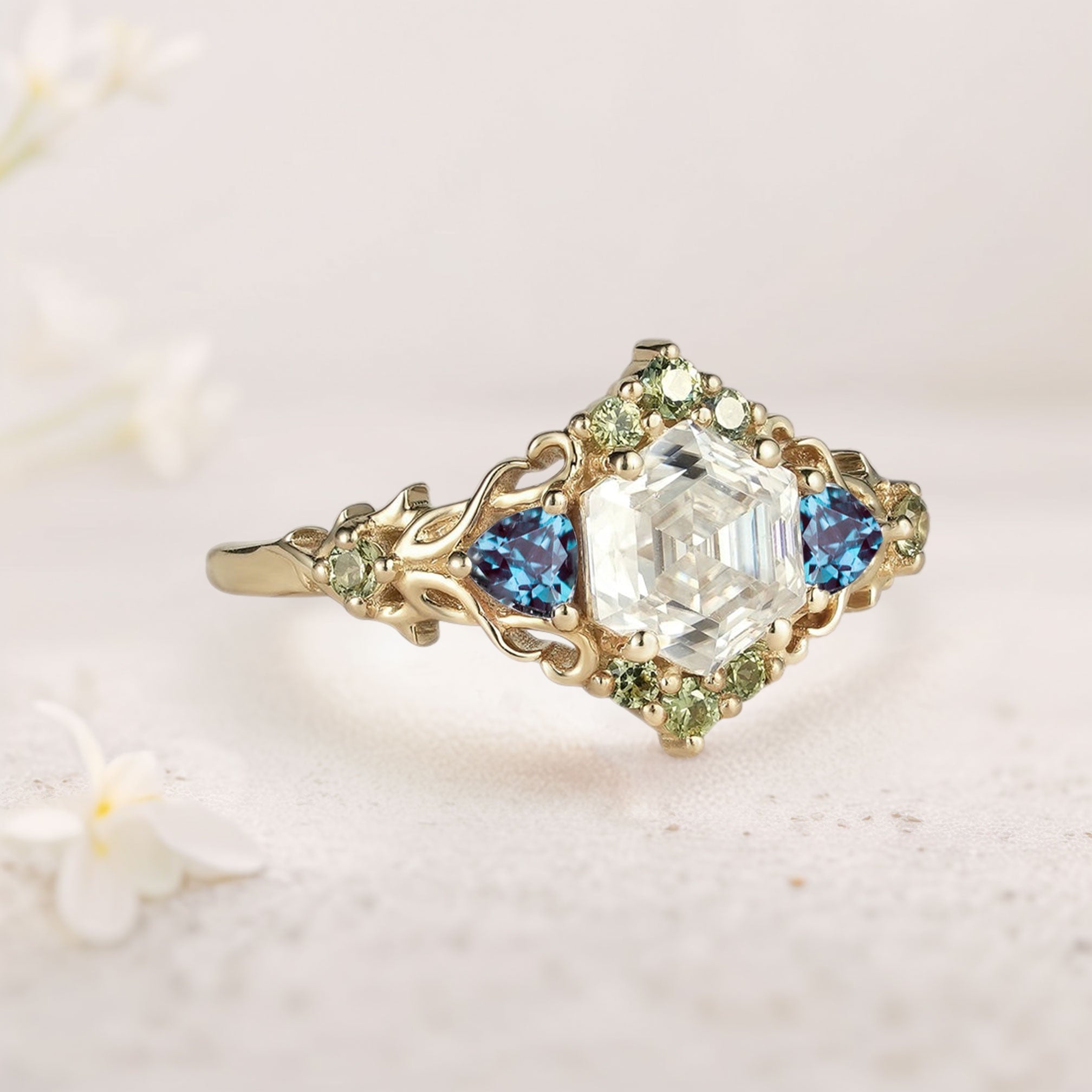 Unique Three Stone Hexagon Moissanite and Lab Alexandrite Leaf 18K Yellow Gold Ring