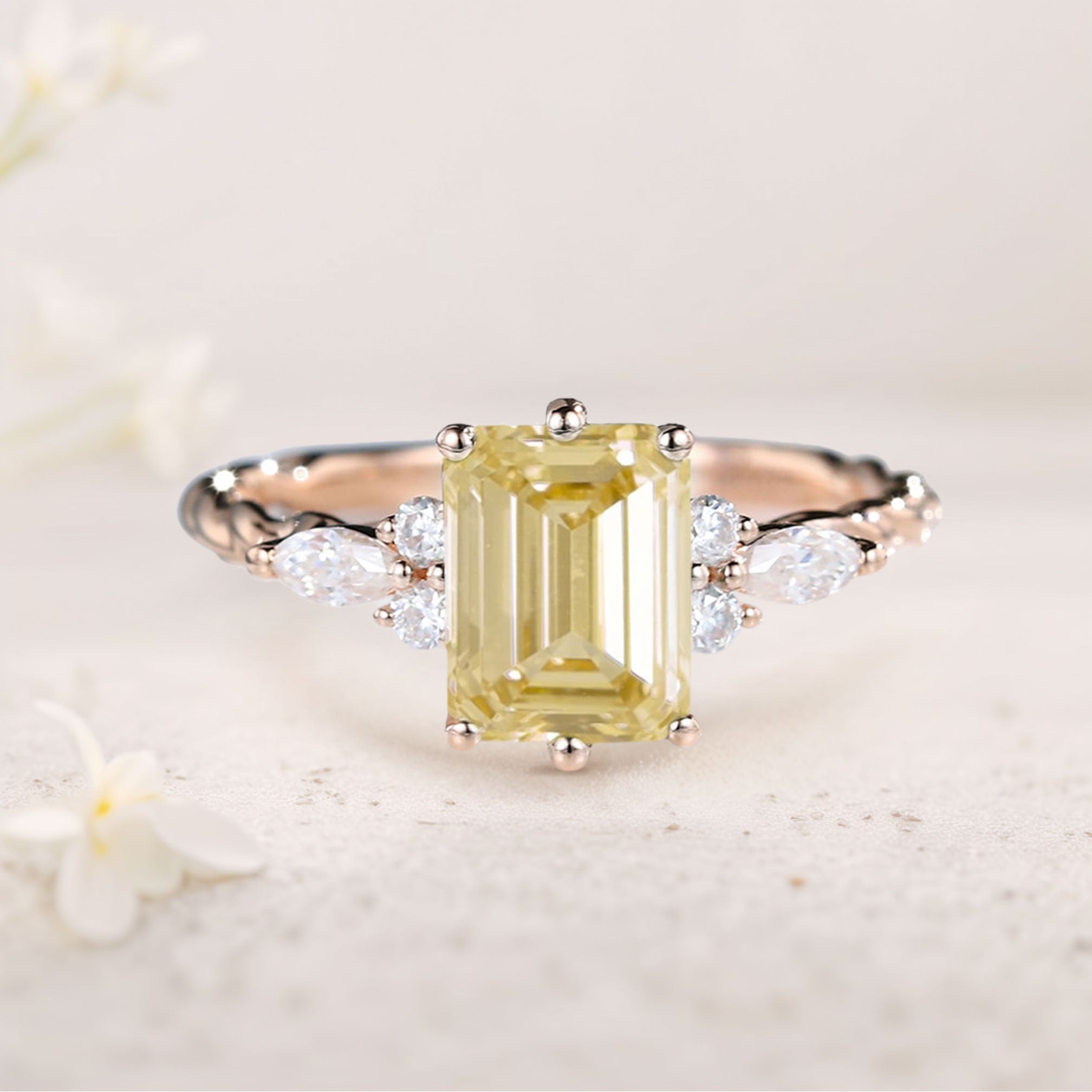 Vintage Emerald Cut Citrine Engagement Ring Twisted 18K Rose Gold Wedding Ring