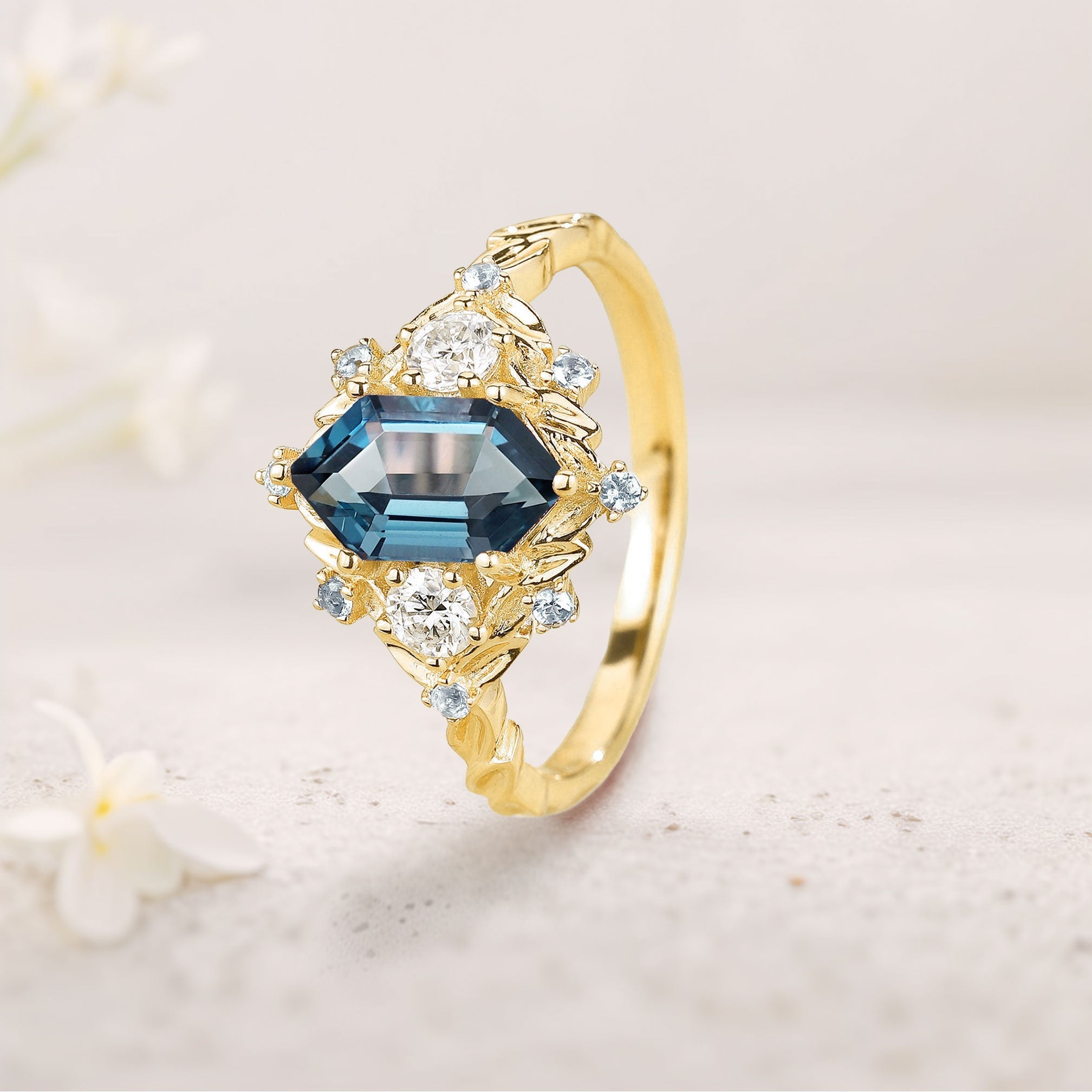 Unique floral engagement rings Long Hexagon Lab Topaz Engagement Ring Flower Leaf Design Topaz Cluster 18K Yellow Gold Promise Ring