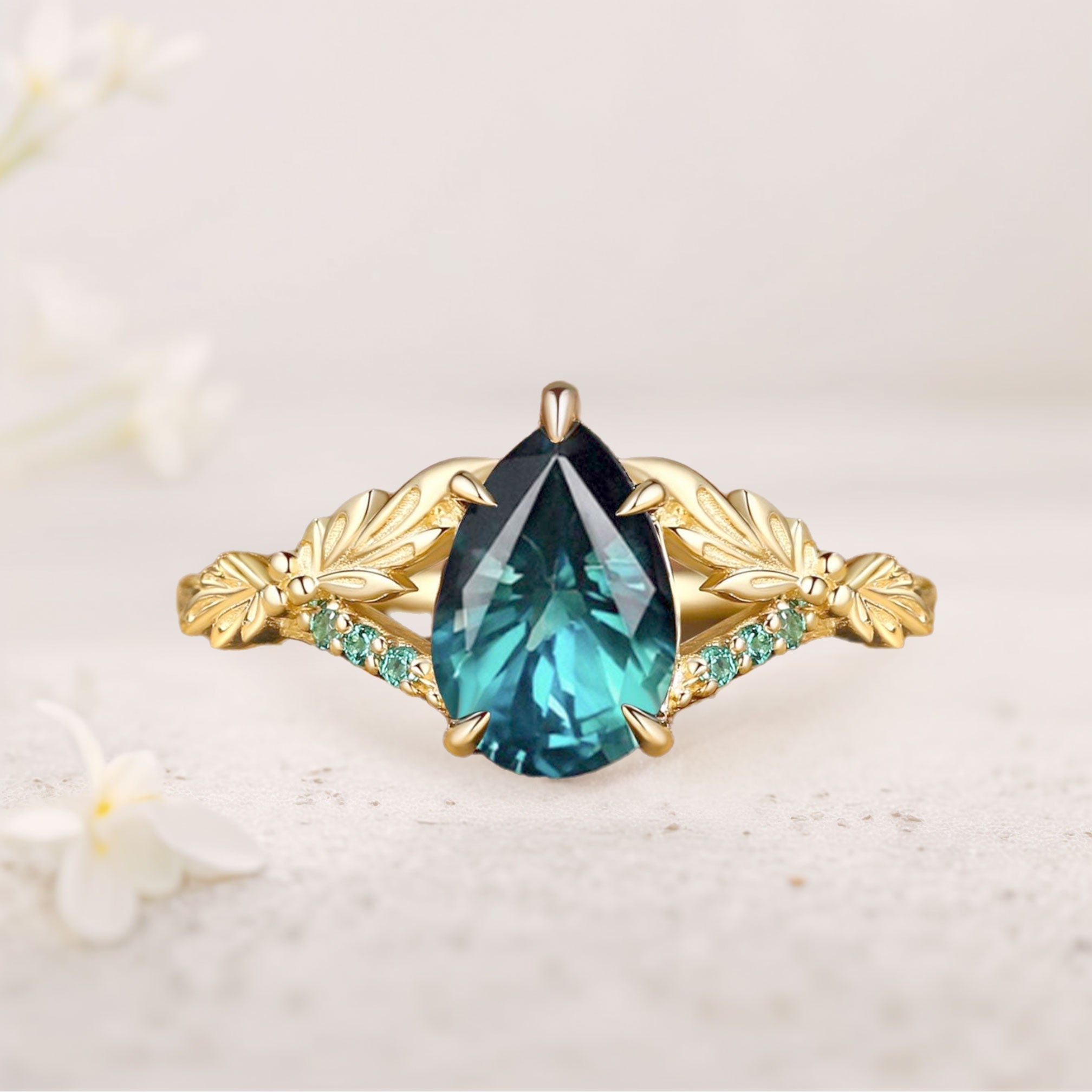 Unique floral engagement rings Pear Green Lab Sapphire Leaf 18K Yellow Gold Engagement Ring