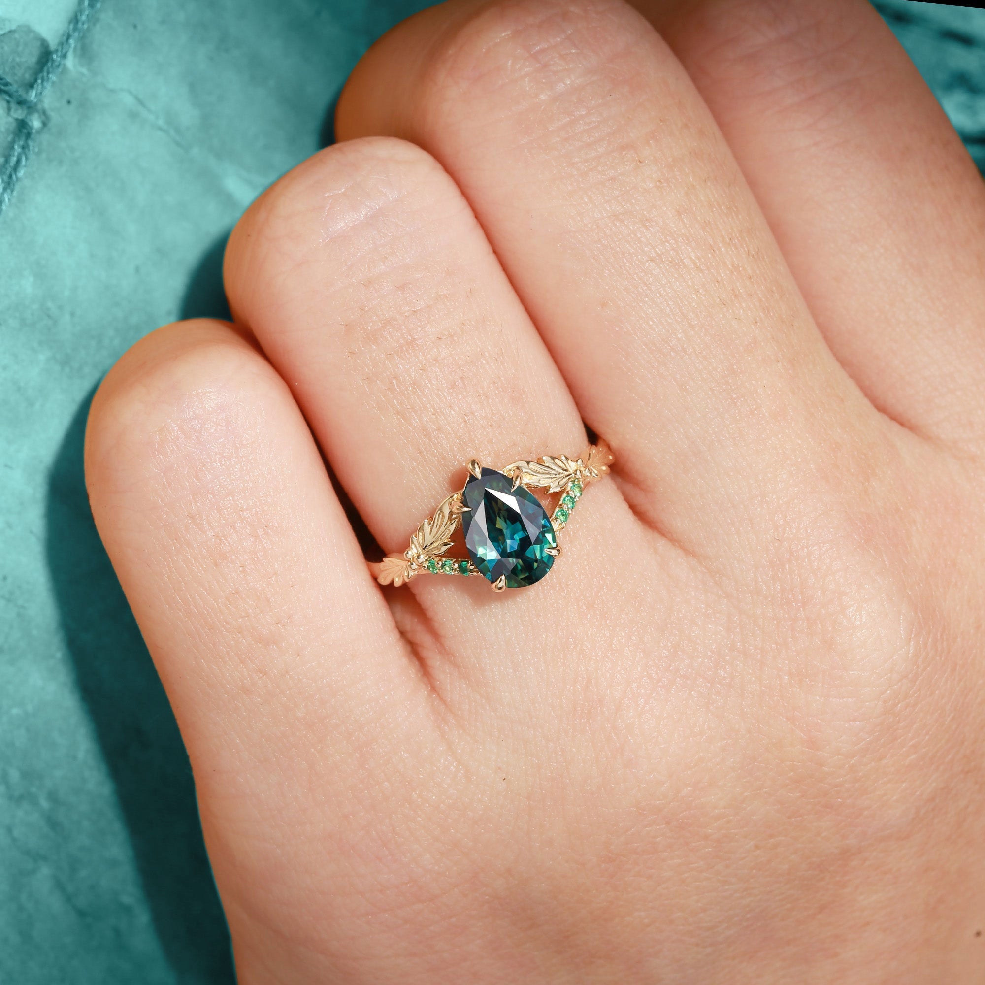 Unique floral engagement rings Pear Green Lab Sapphire Leaf 18K Yellow Gold Engagement Ring