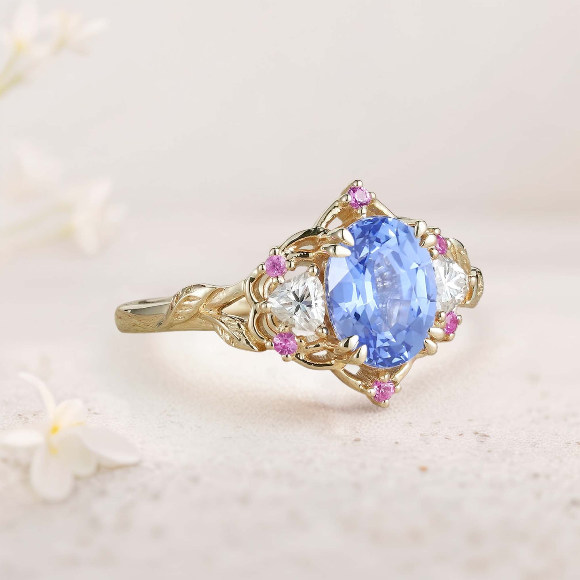 Unique Three Stone Oval Lab Sapphire 18K Yellow Gold Engagement Ring