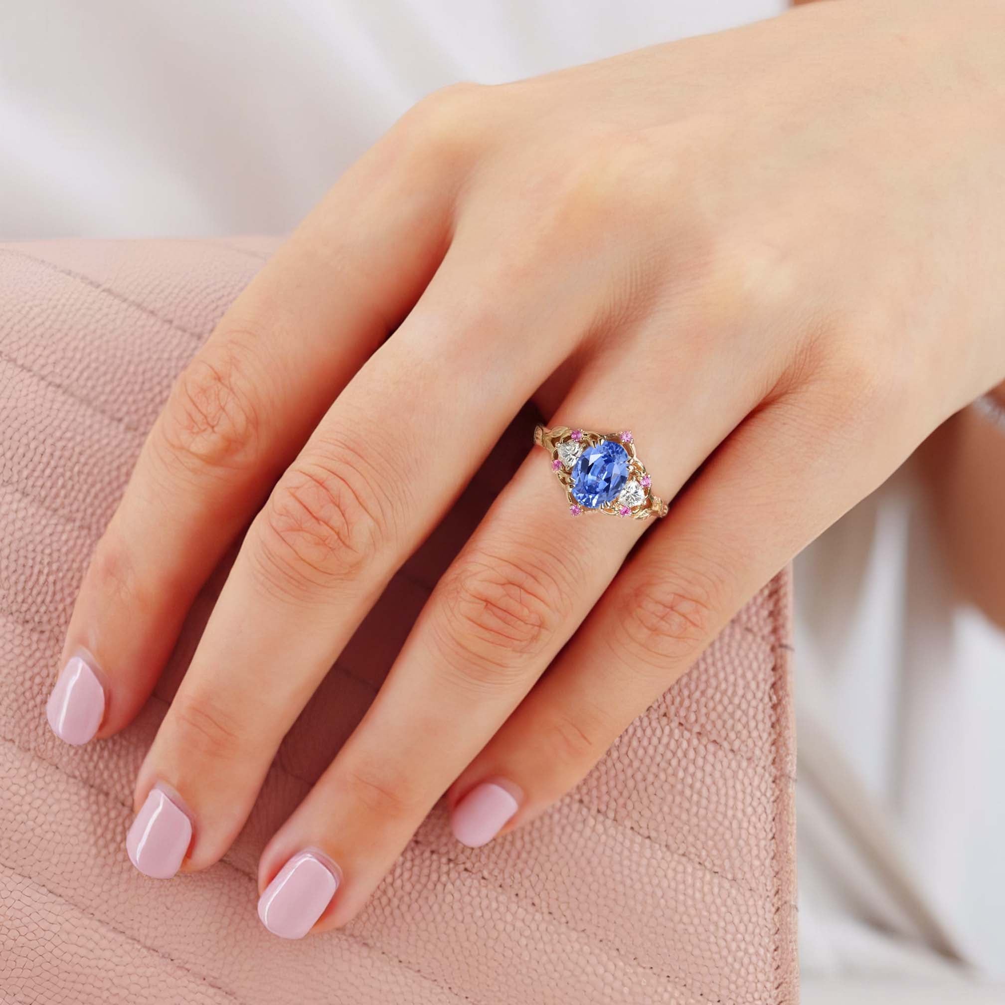Unique Three Stone Oval Lab Sapphire 18K Yellow Gold Engagement Ring