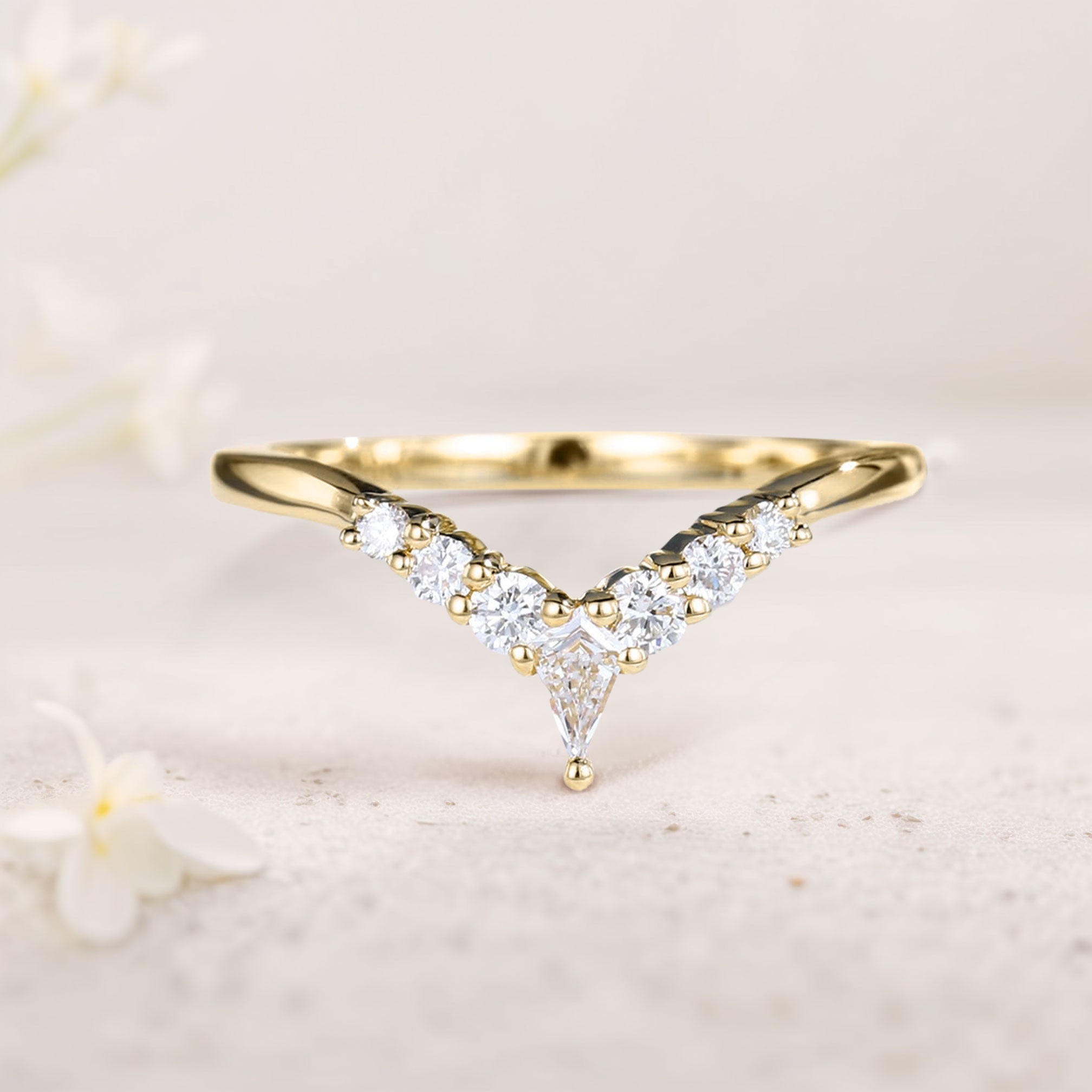 Unique Kite Moissanite Curved Wedding Band Moissanite Stacked 18K Yellow Gold Wedding Ring