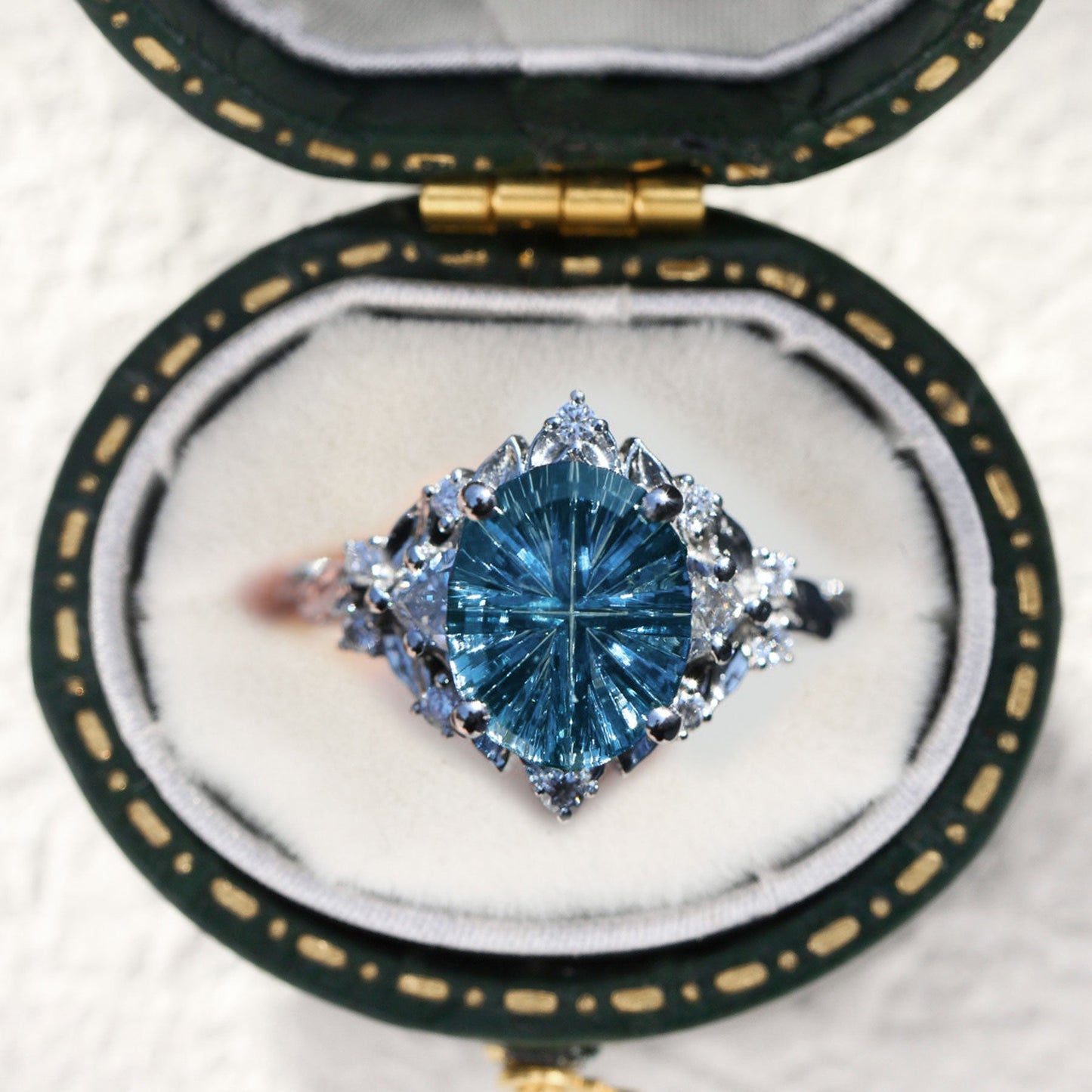 Unique Briar Rose Three Stone Starbrite Cut Oval Lab Sapphire Ring