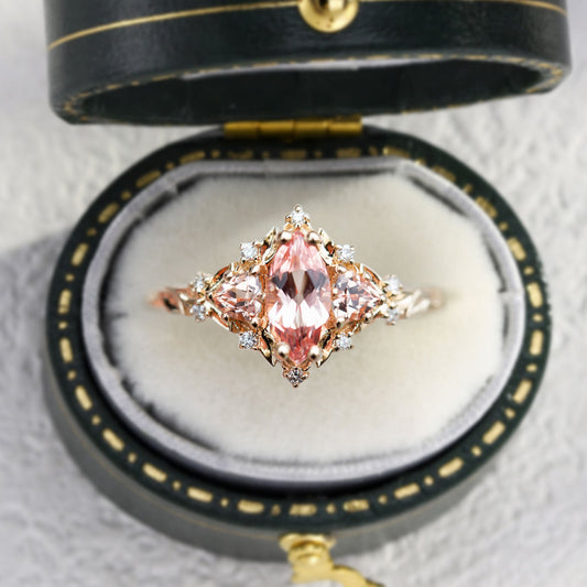 Unique Briar Rose Three Stone Marquise Lab Padparadscha Ring