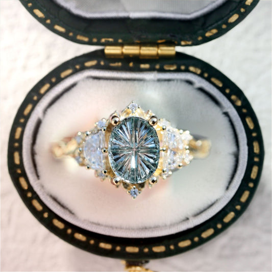 Vintage Starbrite Cut Oval lighter Green Lab Sapphire and Moissanite Ring