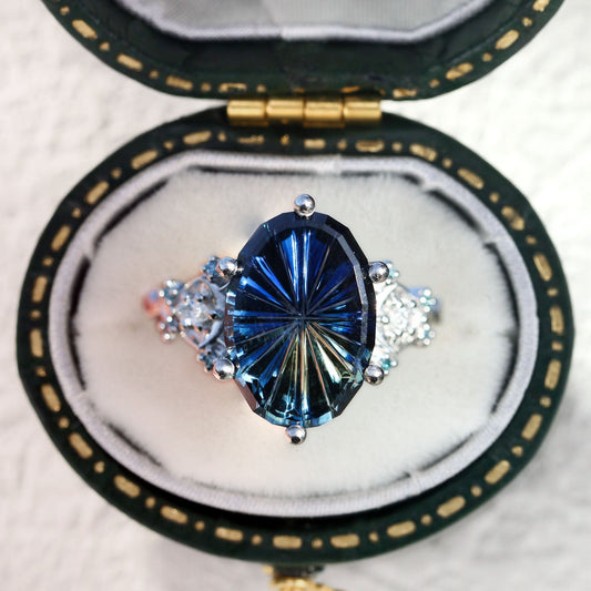 Unique Enchanted Moon Starbrite Cut Oval Blue Lab Sapphire Ring