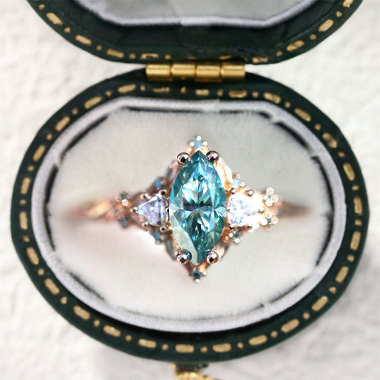 Unique floral engagement rings Marquise Teal Moissanite Ring Wedding Ring