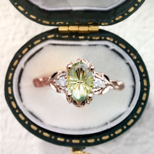 Unique Three Stone Starbrite Cut Oval Green Lab Sapphire Leafy Ring