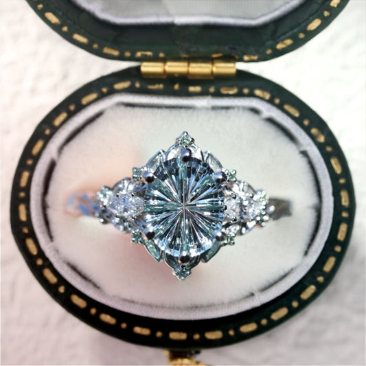 Vintage Briar Rose Starbrite Cut Oval Lab Sapphire and Moissanite Ring