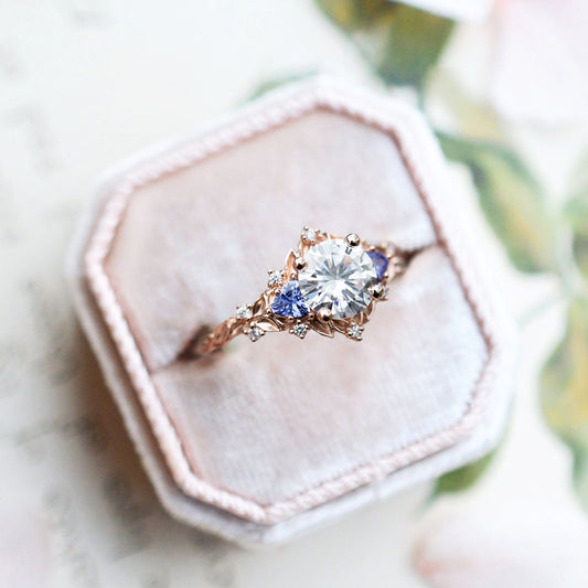 Unique Floral Rose Three Stone Round Moissanite Ring
