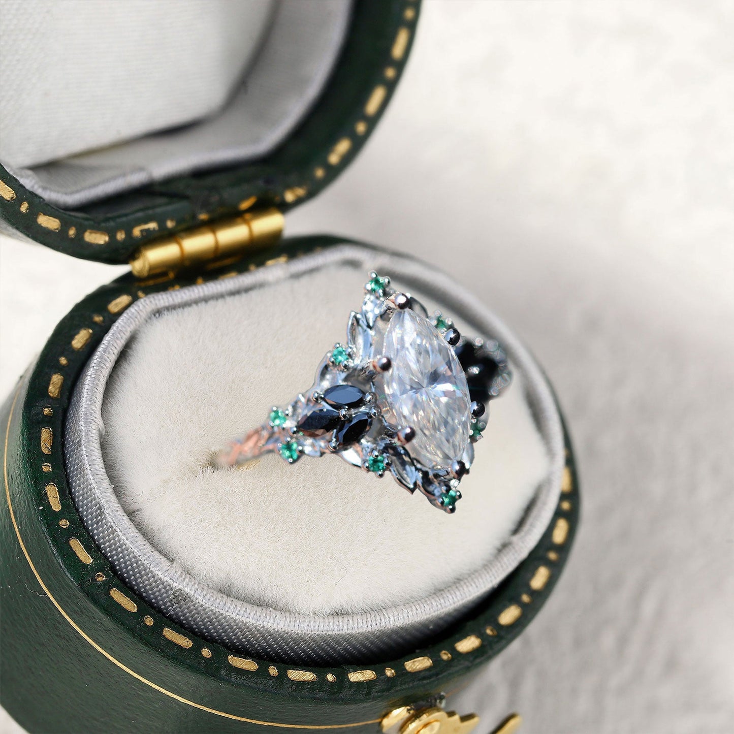 Unique floral engagement rings Briar Rose Starlight Marquise Moissanite Ring