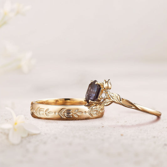 Unique Hexagon Lab Alexandrite Couple Promise Engagement Ring Set