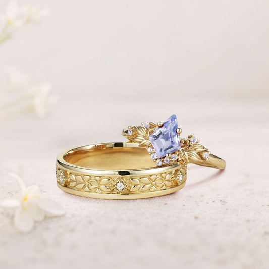 Vintage Kite Lab Sapphire Promise Ring Engagement Ring Set for Couples