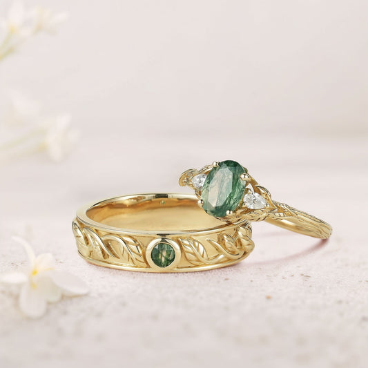Unique Leaf Design Oval Moss agate and Moissanite Wedding Ring Promise Ring for Couples